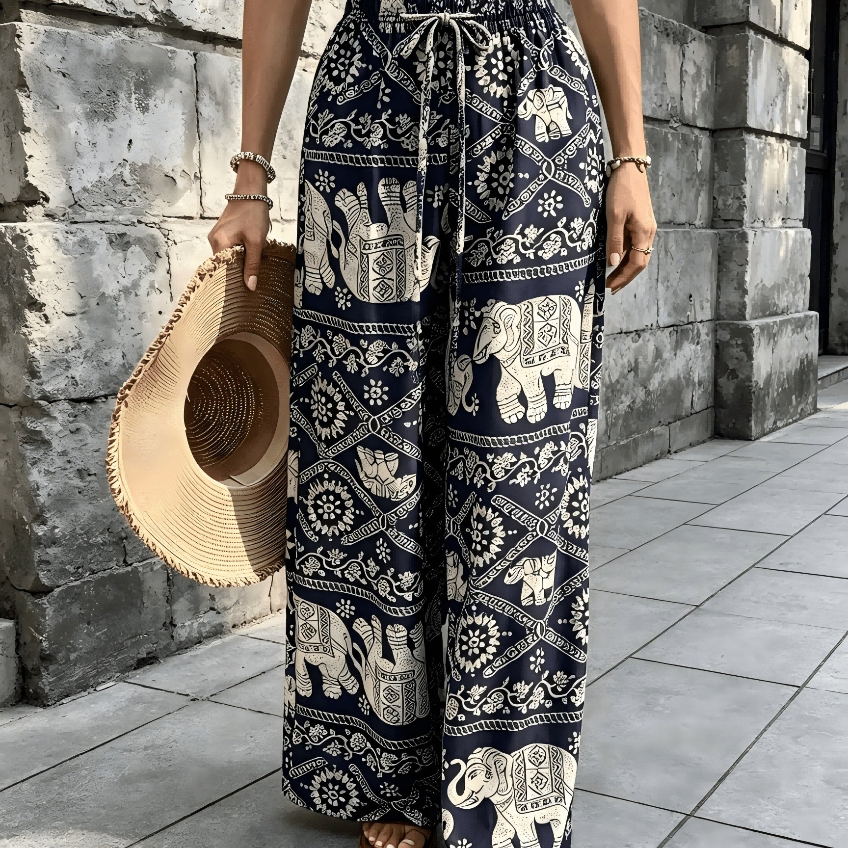TEMU Hawaiian Women's Elegant Elephant Fashion Pants With Drawstring Waist, Comfortable Straight-leg Trousers