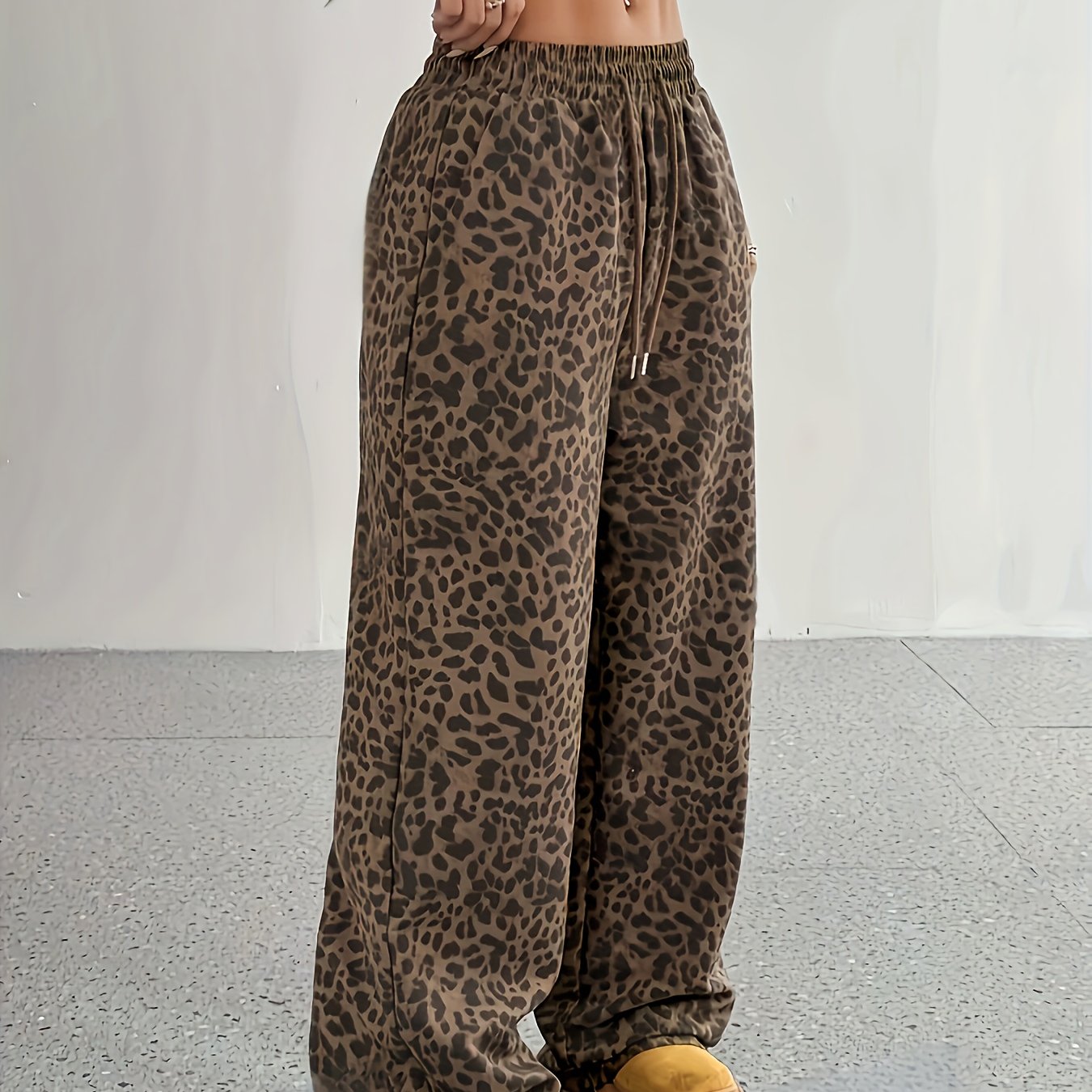 Leopard Print Drawstring Wide-leg Pants, Casual Spring/autumn Trousers, Women's Clothing
