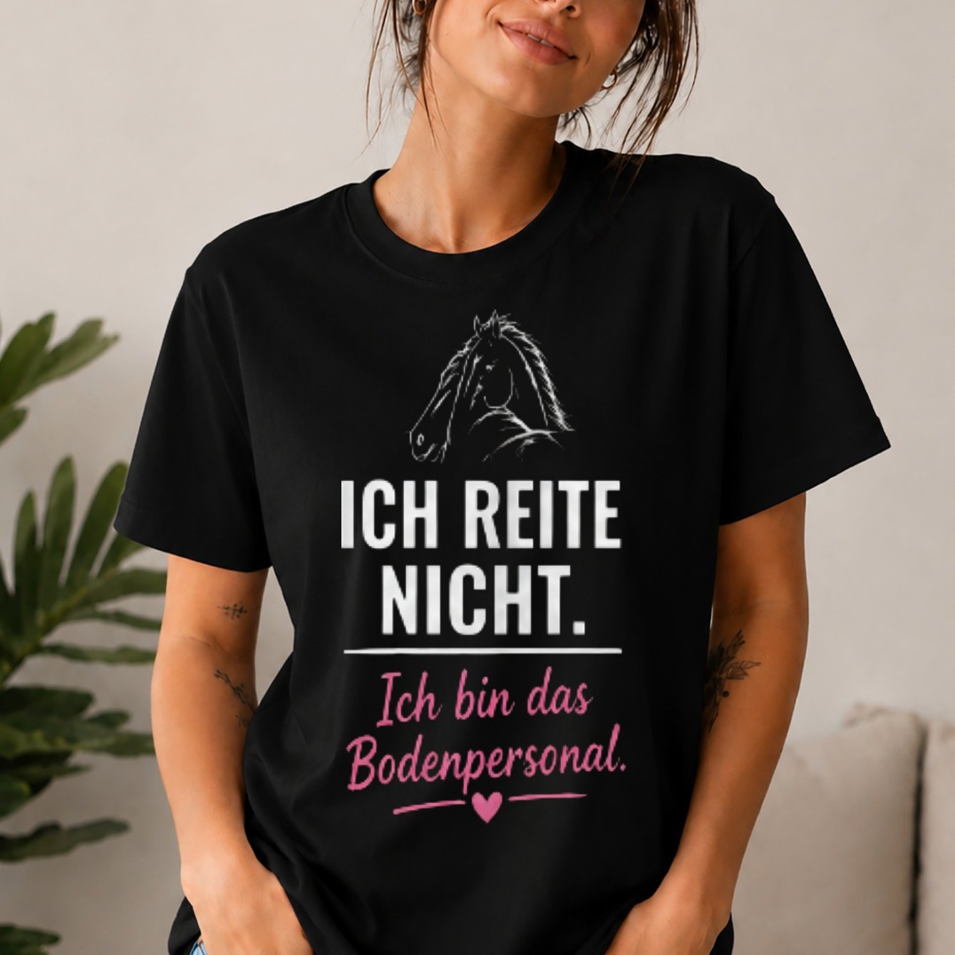 Image of Women's T-shirt - "ich Nicht Ich Bin Das Bodenpersonal" Horse Outline & , Casual Stable Apparel Suitable For , Machine Washable Casual Attire