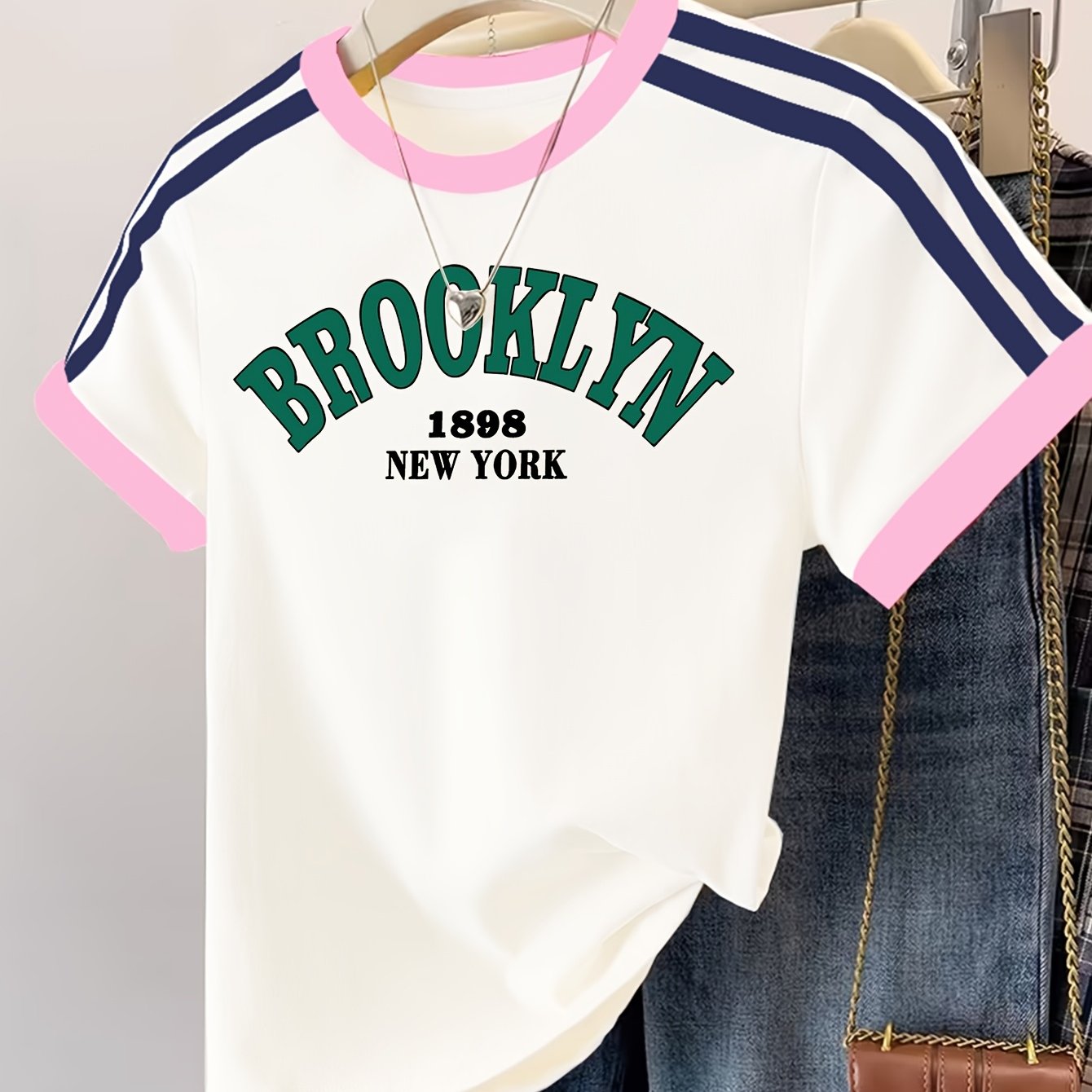 TEMU Women's Y2k Retro Striped T-shirt - Short Sleeve Round Neck Color Block Top With Vertical Stripes, Medium Stretch Suitable For Spring Summer