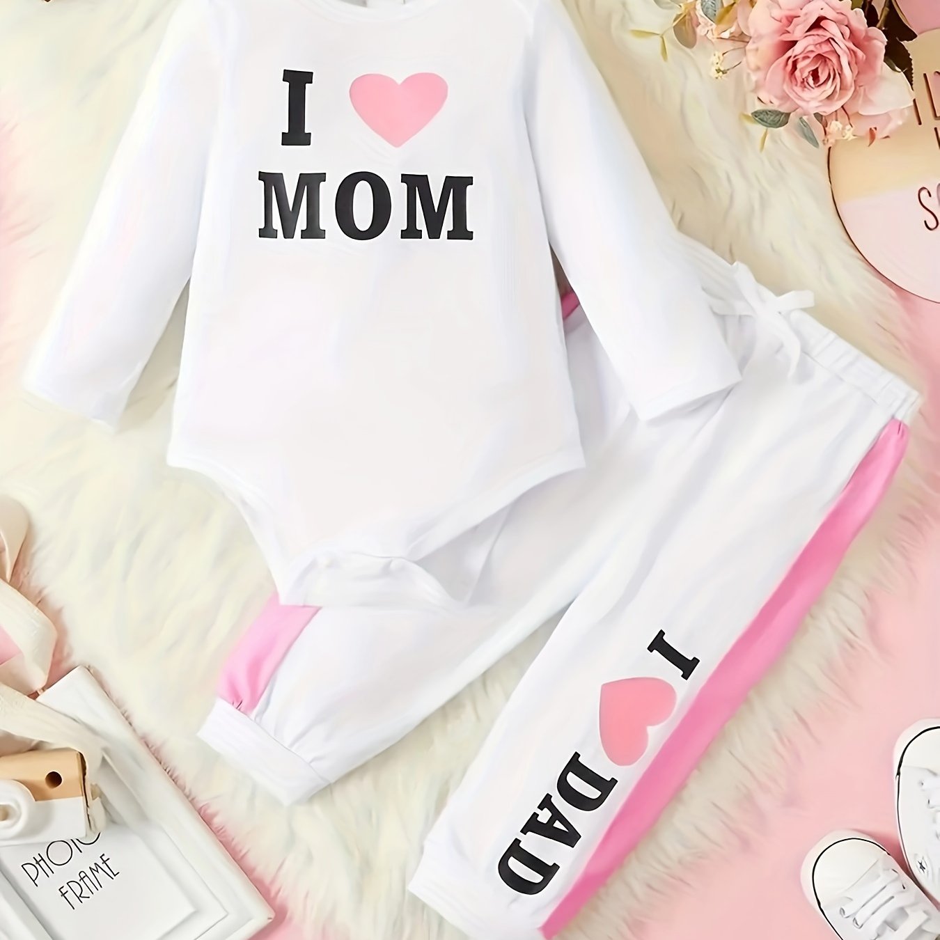 Image of Spring/autumn Style Infant Toddler Girls Round Neck Letter Print Long Sleeve Triangle Bodysuit And Casual Long Pants 2pcs Set, For Outdoor, Christmas, Halloween