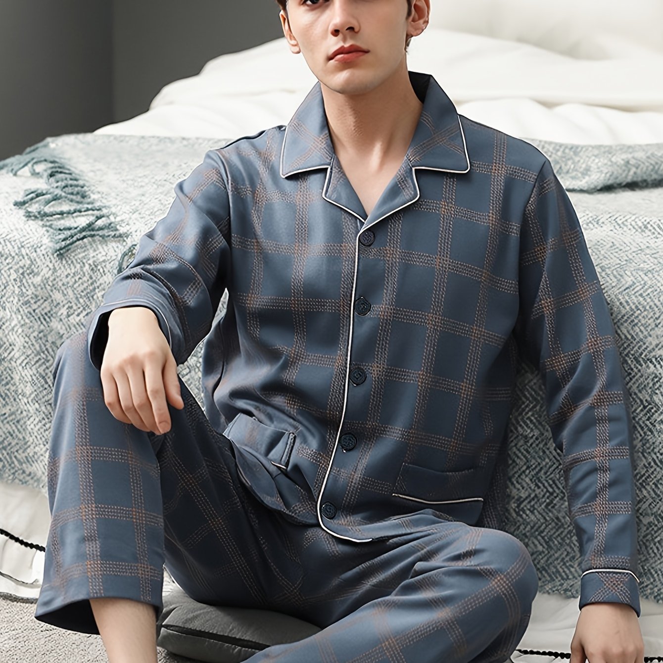 E-shop 2er-Set, Pyjama-Set Herren, Hauskleidung, Langarm und , kariert, lässige, bequeme Hauskleidung