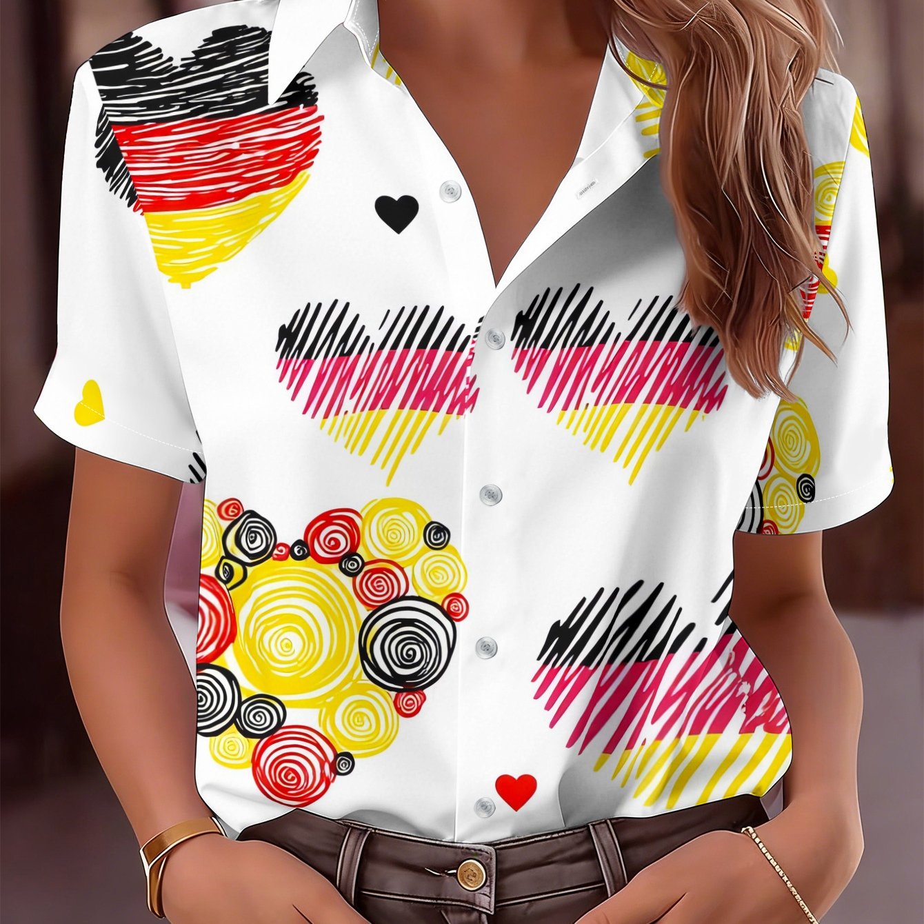 TEMU 2026 German Flag Heart Pattern Women's Short Sleeve Shirt, Fashionable Individual Graffiti Style Top, Casual Versatile Age-reducing Women's
