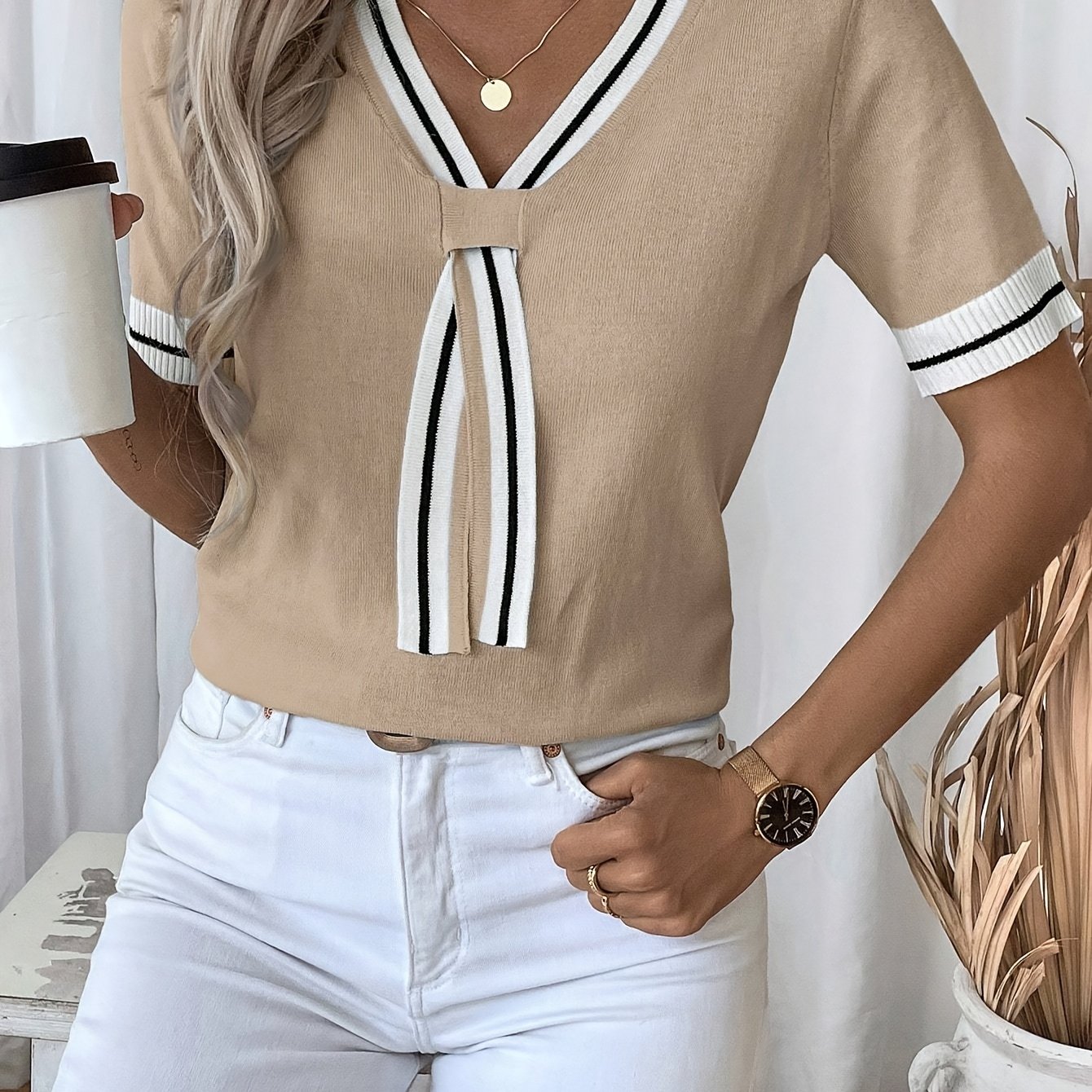 TEMU Women's V-neck Short Sleeve Pullover Sweater
