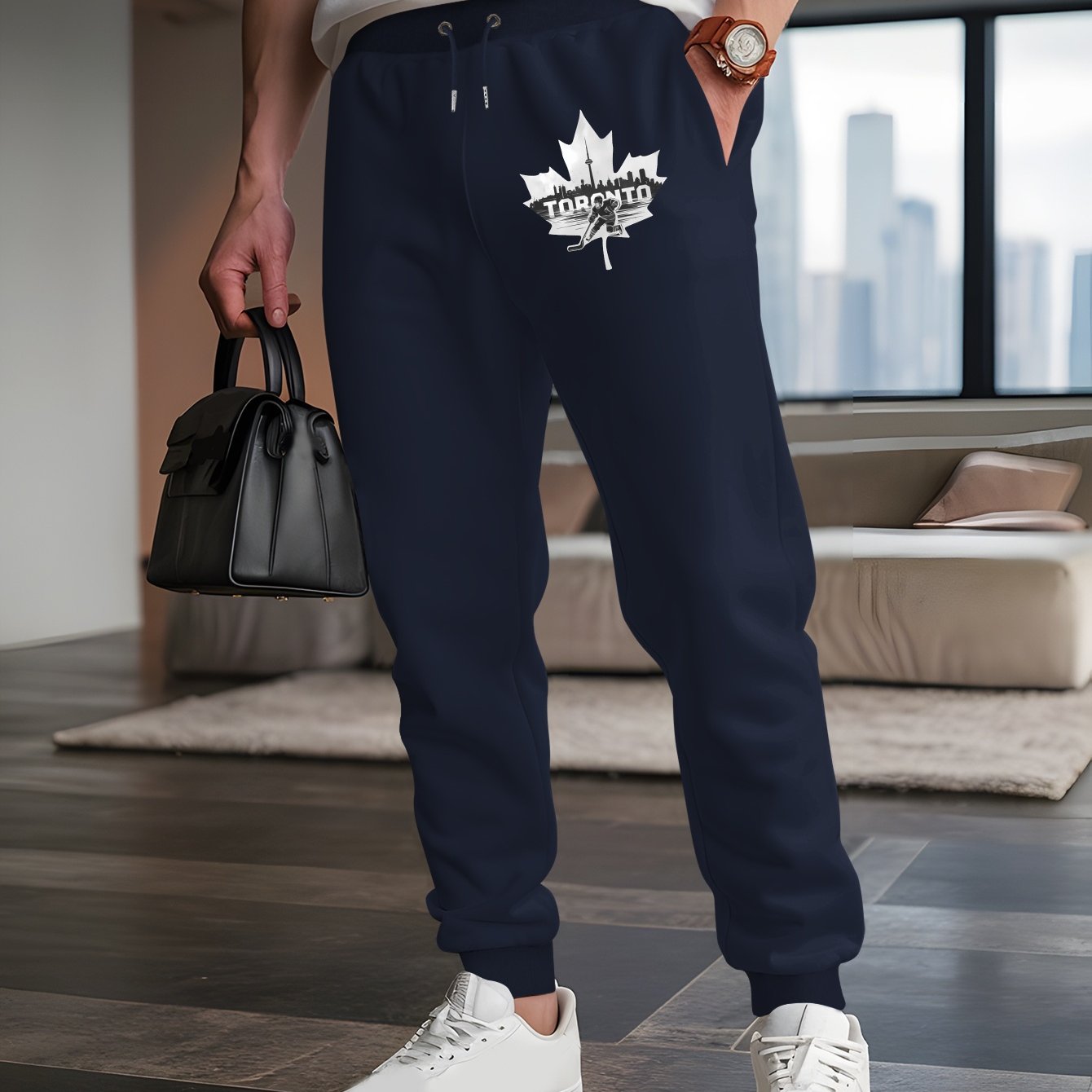 TEMU TORONTO 2025 Pantalon Décontracté Léger pour Hommes avec Imprimé Feuille d'Érable et Texte - Pantalon à Taille Ajustée par Cordon pour /Automne,