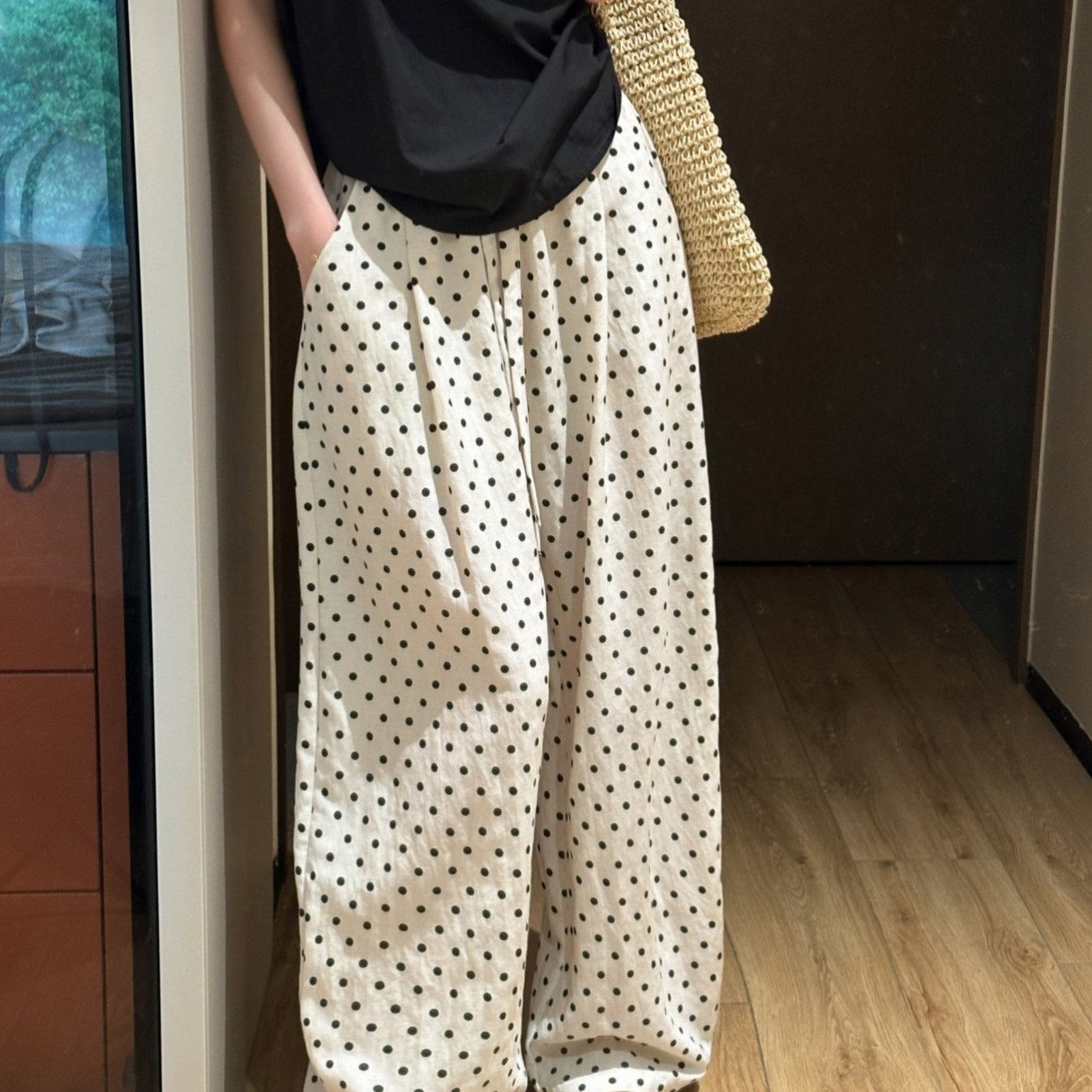 TEMU 【レディース】夏用 ワイドレッグ ポルカドット ハイウエスト ゆったり リネン トラウザーズ ストレートパンツ