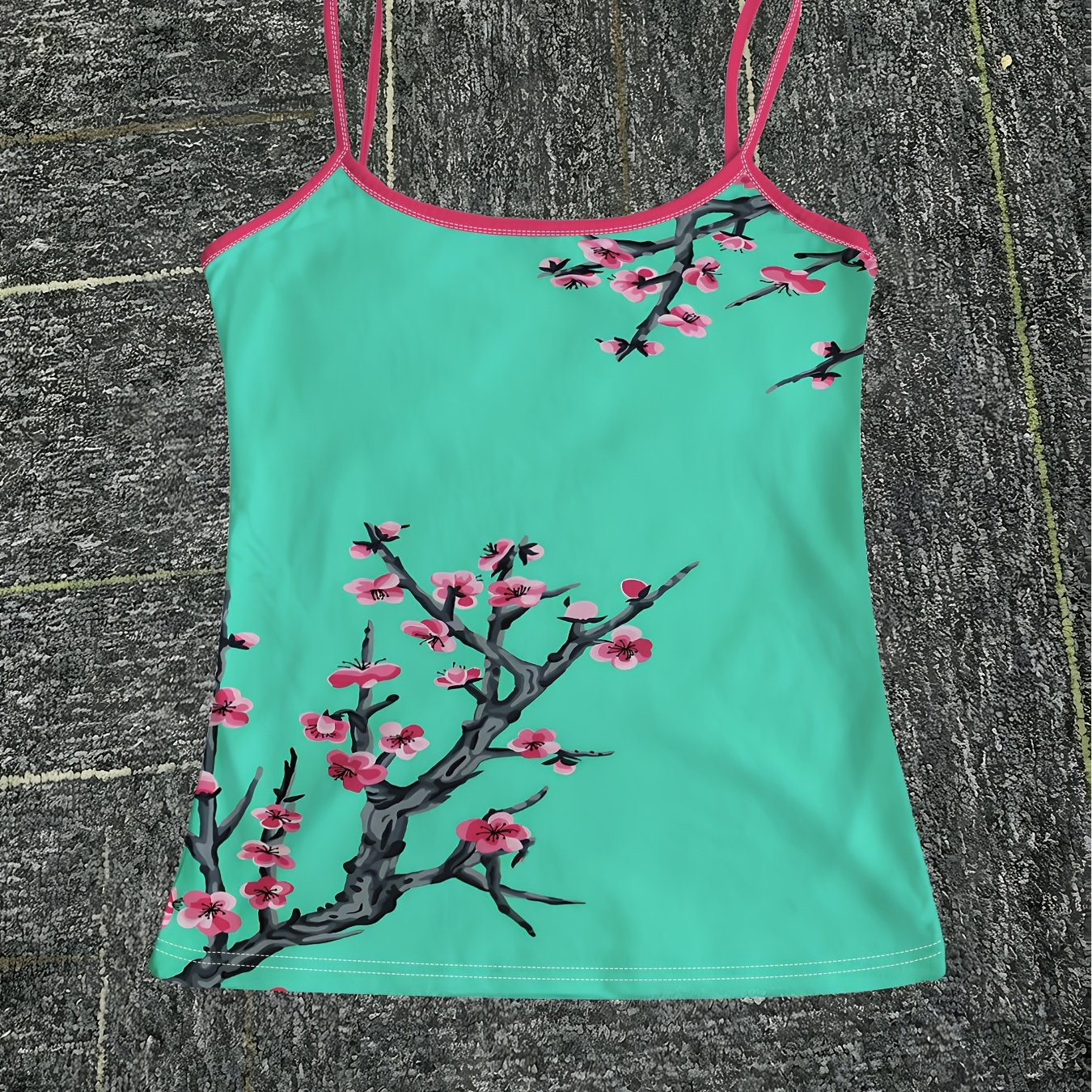 TEMU Teal Printed Suspender Vest, Women's Slim Fit, Cherry Pattern Fashion Top, Thin Summer Inner And Outer Wear