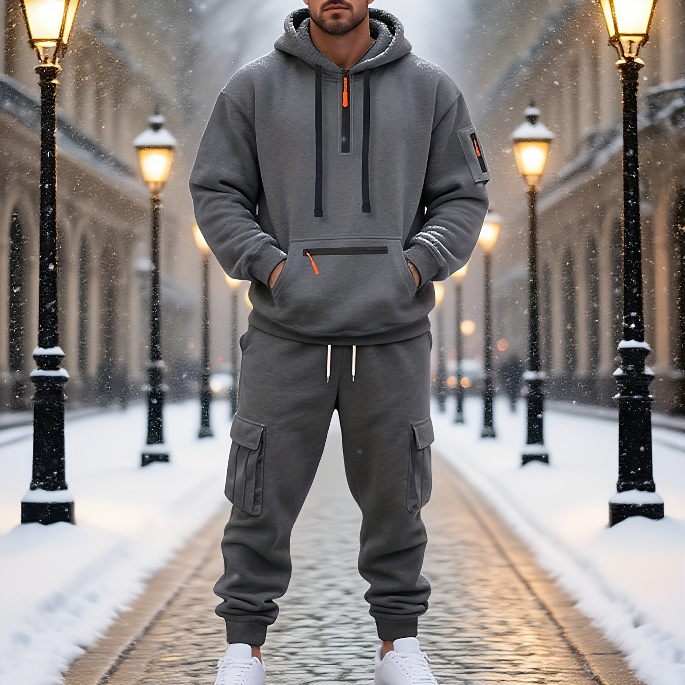 Image of New Autumn/winter Men's -lined Thickened Sport Sweatshirt Set, Multi-pocket Hoodie Set, Long-sleeve Casual Comfortable Pocket Hooded Sweatshirt And Sweatpants 2pcs Set