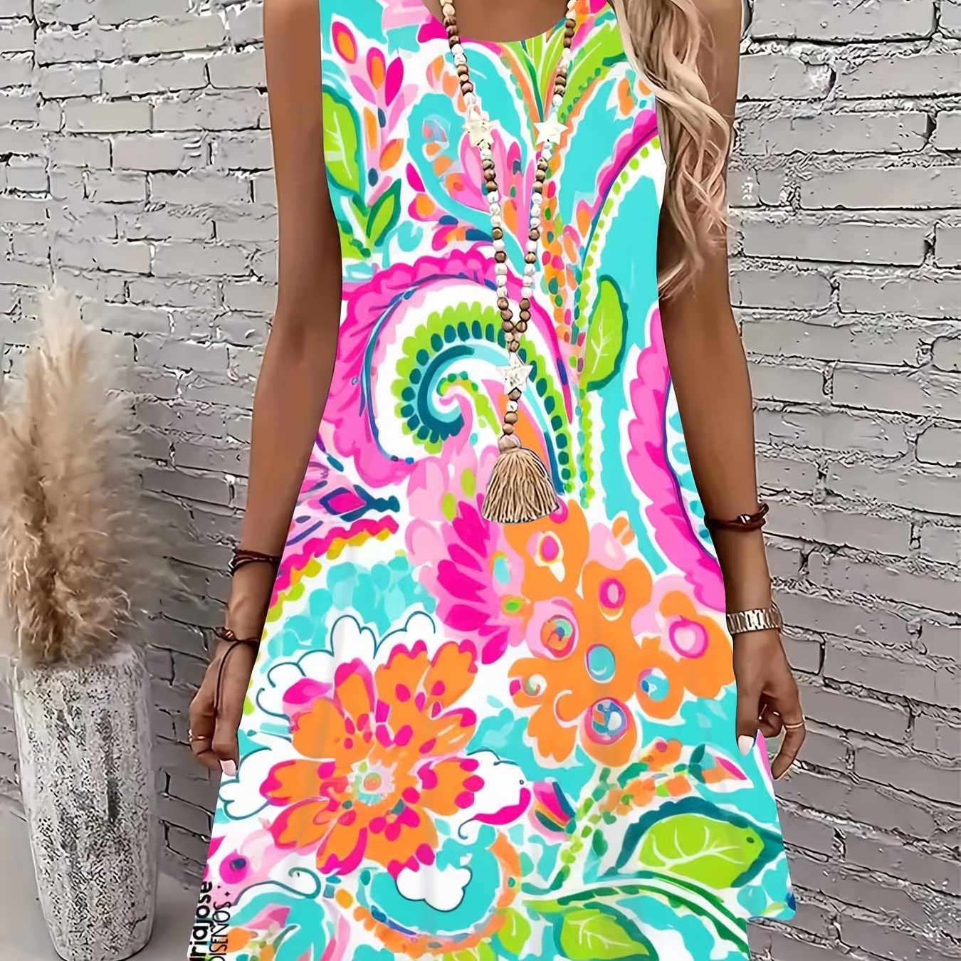 TEMU Women's Bohemian Tassel Necklace Dress- Sleeveless Bohemian Beach Dress, Full-body Colorful Floral Print Summer Maxi Dress, Round Neck Casual