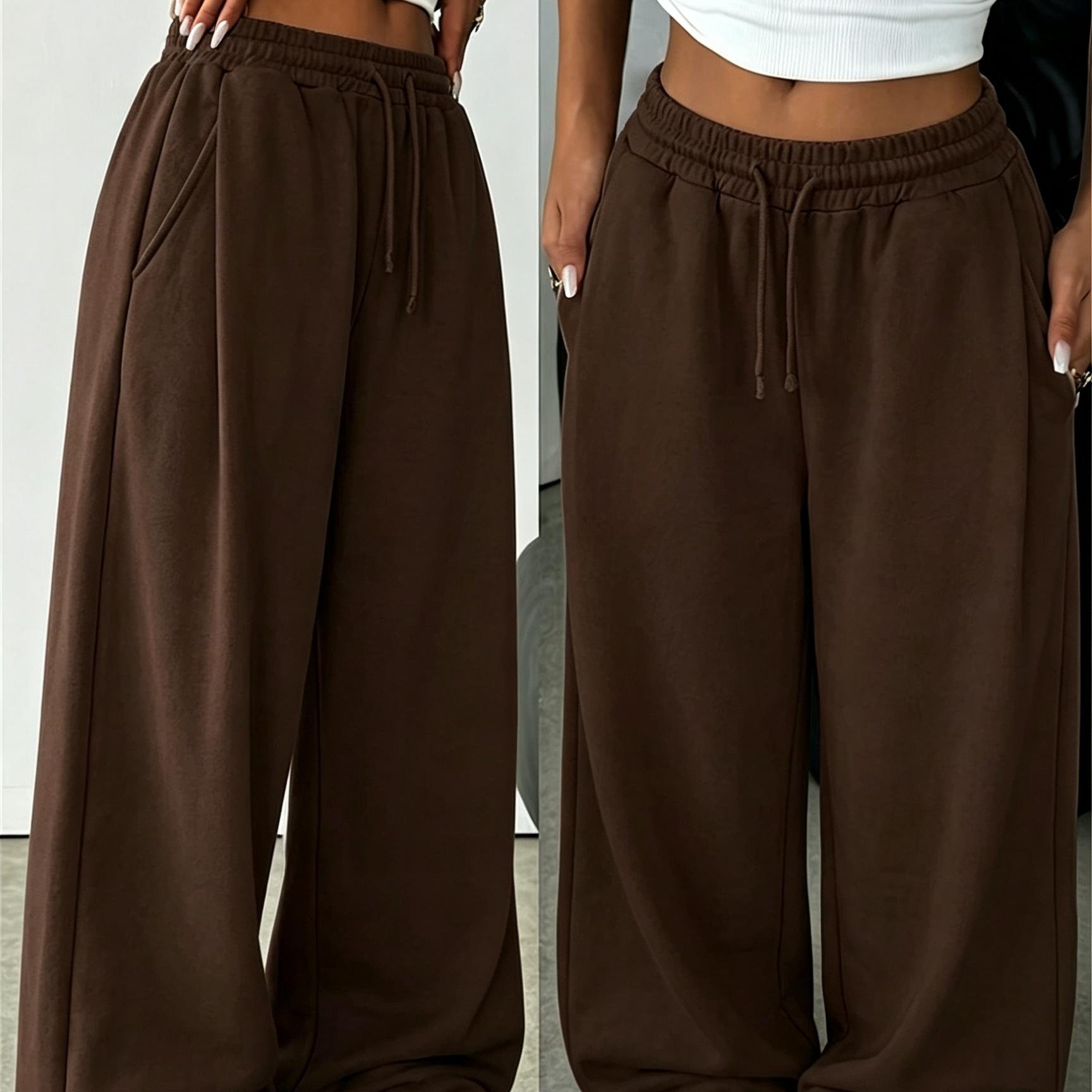TEMU Pantalon de jogging décontracté d'automne et d'hiver pour femmes, taille basse, ample et décontracté, couleur unie, pantalon de sport large et