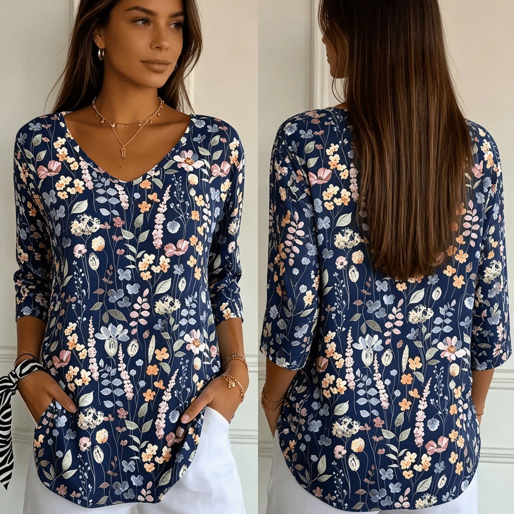 TEMU European And Fashion Holiday Women's Regular Fit Floral -quarter Sleeve V-neck T-shirt Top