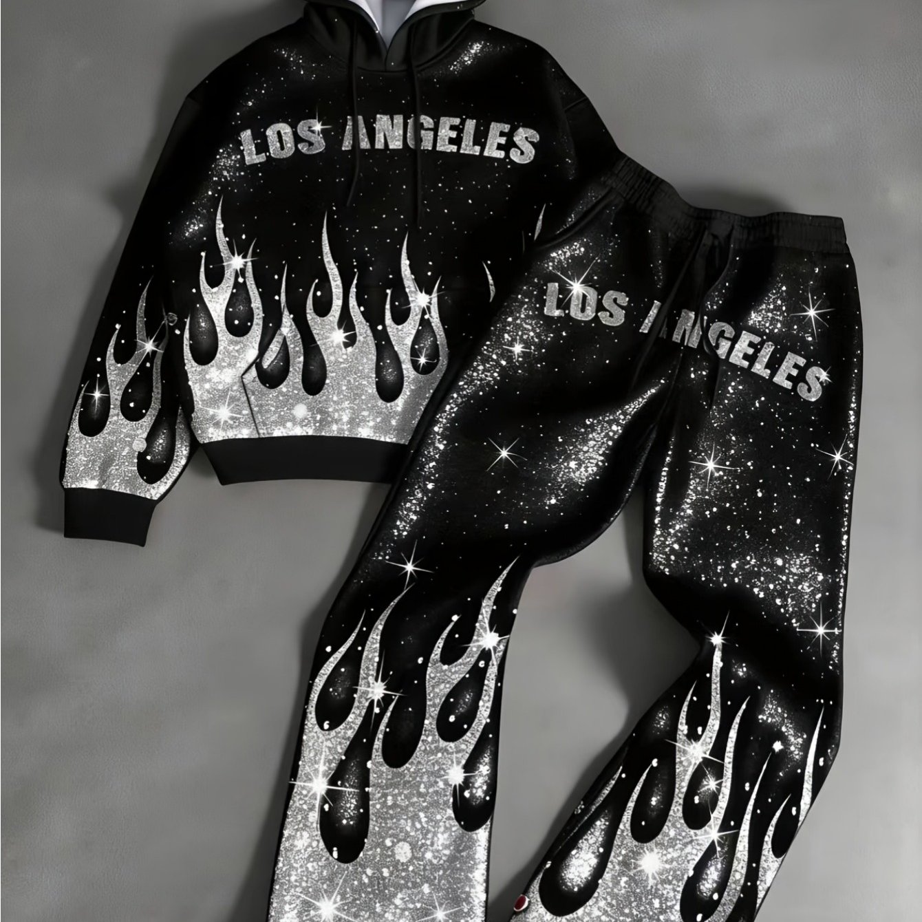 Men's Flame Print Hoodie And Straight Pants Set