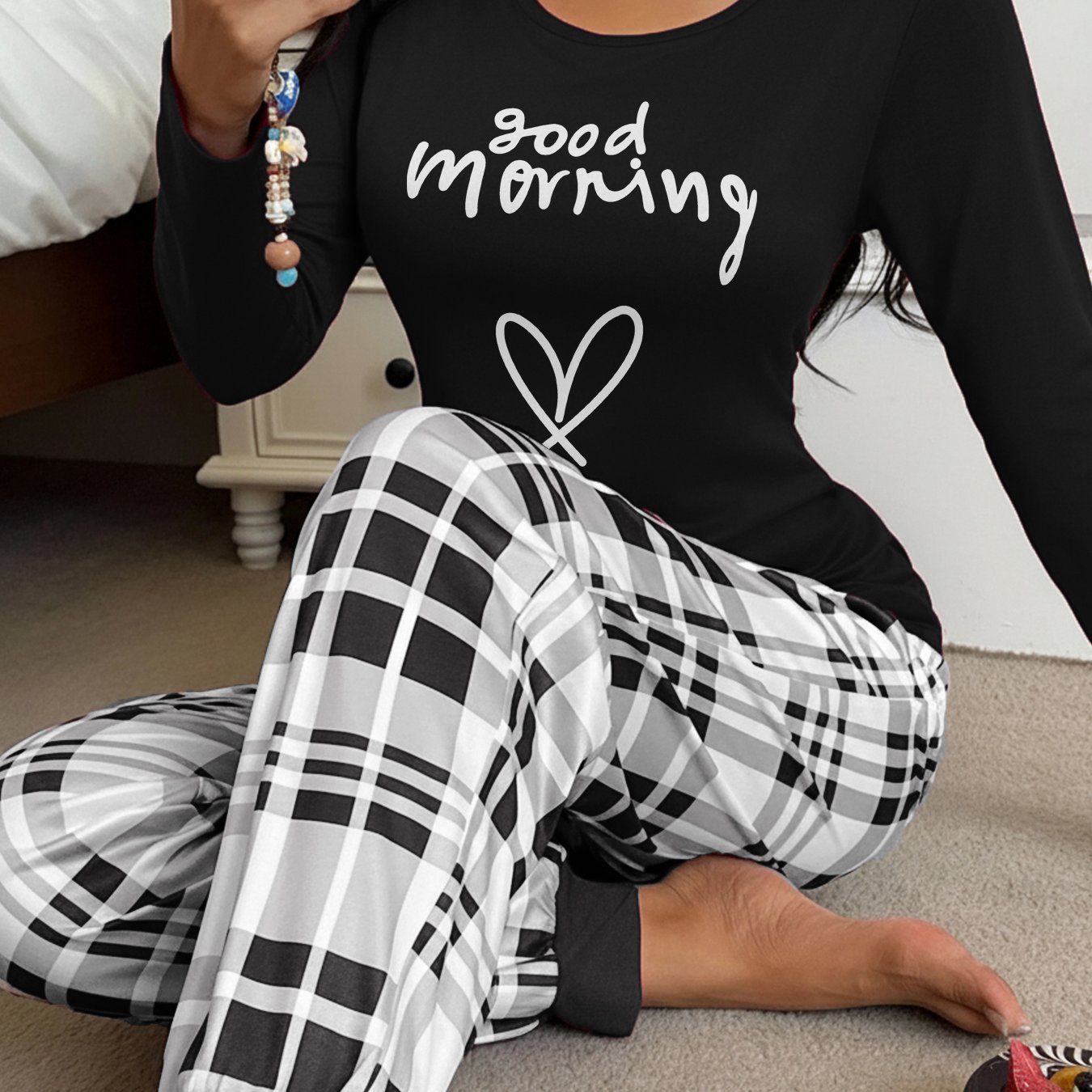 Letter "" Print Round Neck Long Sleeve Top And Black White Checkered Long Pants Pajama Set
