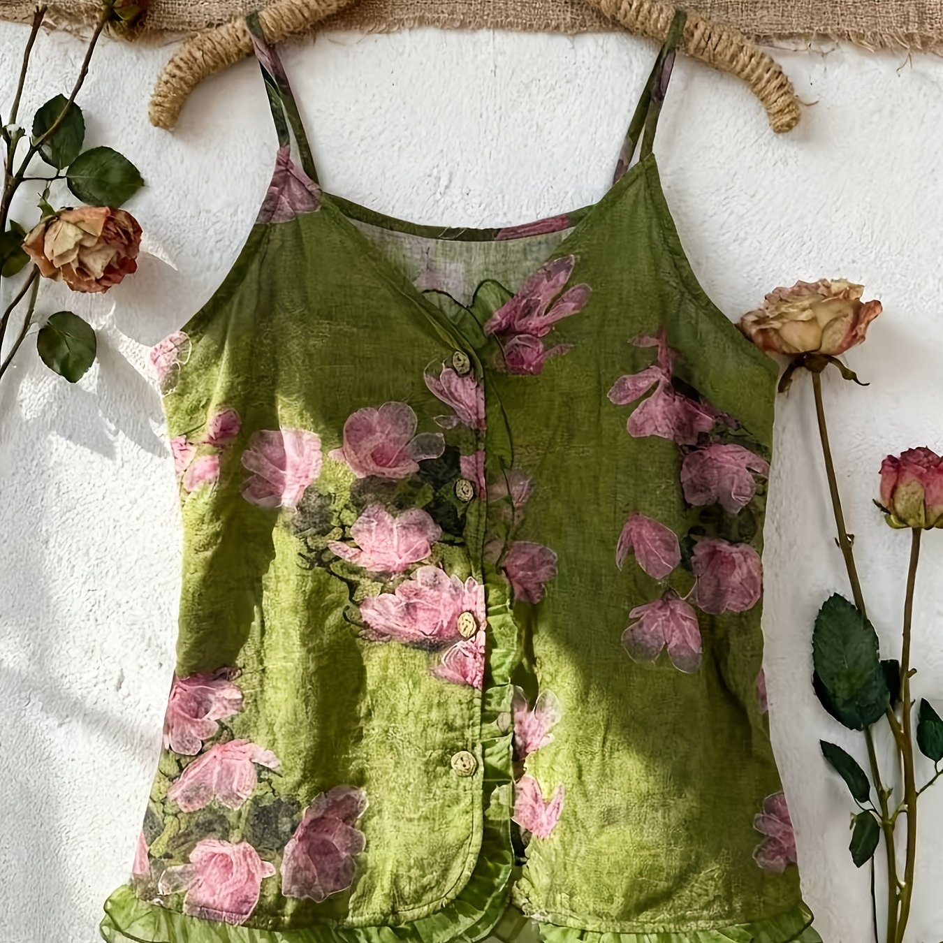E-shop Sommer Neues Chinesisches Stil Bunte Blumenmuster Trägerweste Damen -Ausschnitt Knopf Pilzkante Design Top Atmungsaktive Taille Inneres Tragen