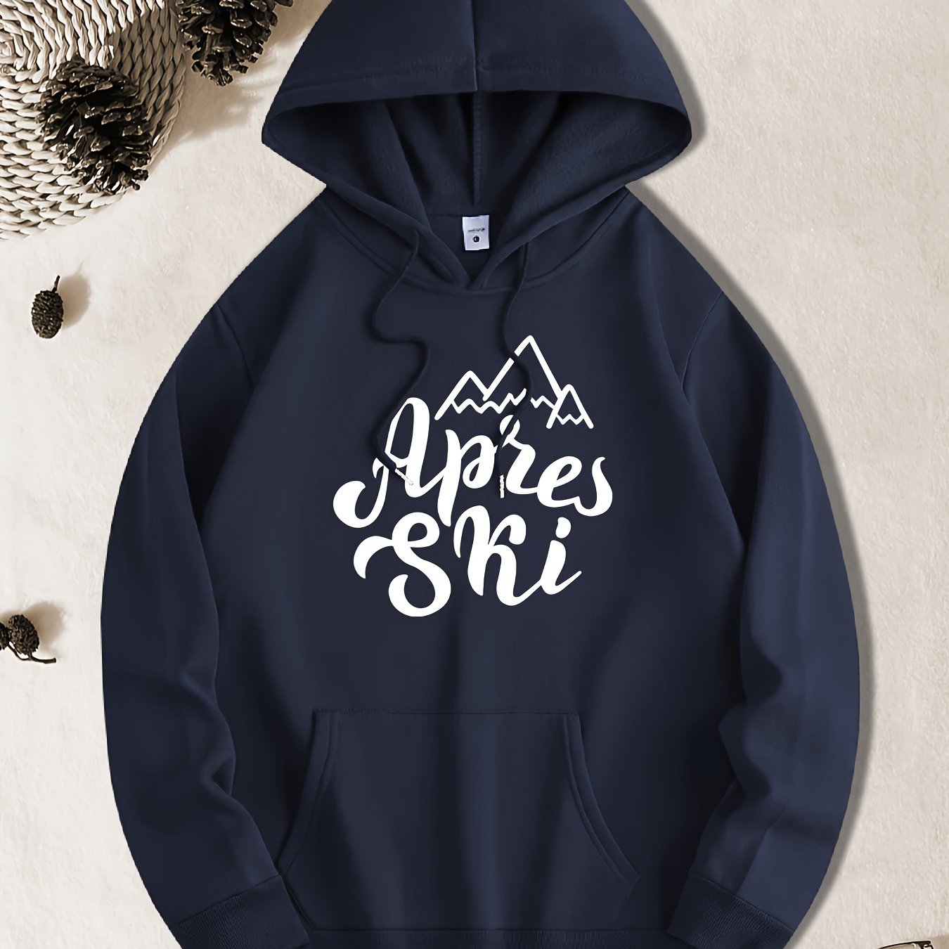 TEMU Men's AprÃ¨s Ski Graphic Hooded Sweatshirt - Mountain & Script Print, , Front Pocket, Regular Fit Casual Pullover For Winter Sports & Cold