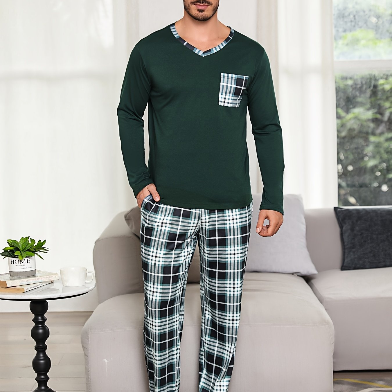 Image of Men's V-neck Long-sleeved Pajama Set, Chest Patch Casual Men' Pocket Cotton Long-sleeved Pajama Set, Including A Long-sleeved Top And A Pair Of Pants, Men's Loungewear, Men's Gifts