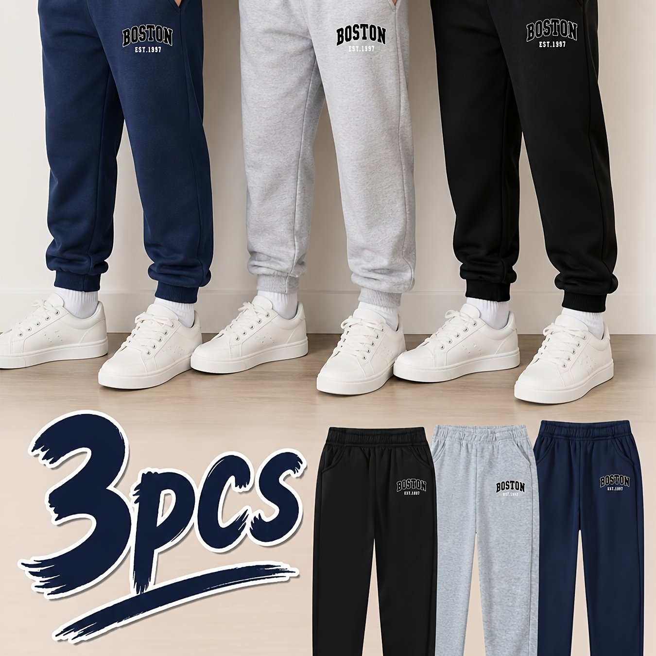 Image of Boston Letter Print Long Pants Fashion Casual Versatile Sweatpants 3-pc, For Outdoor