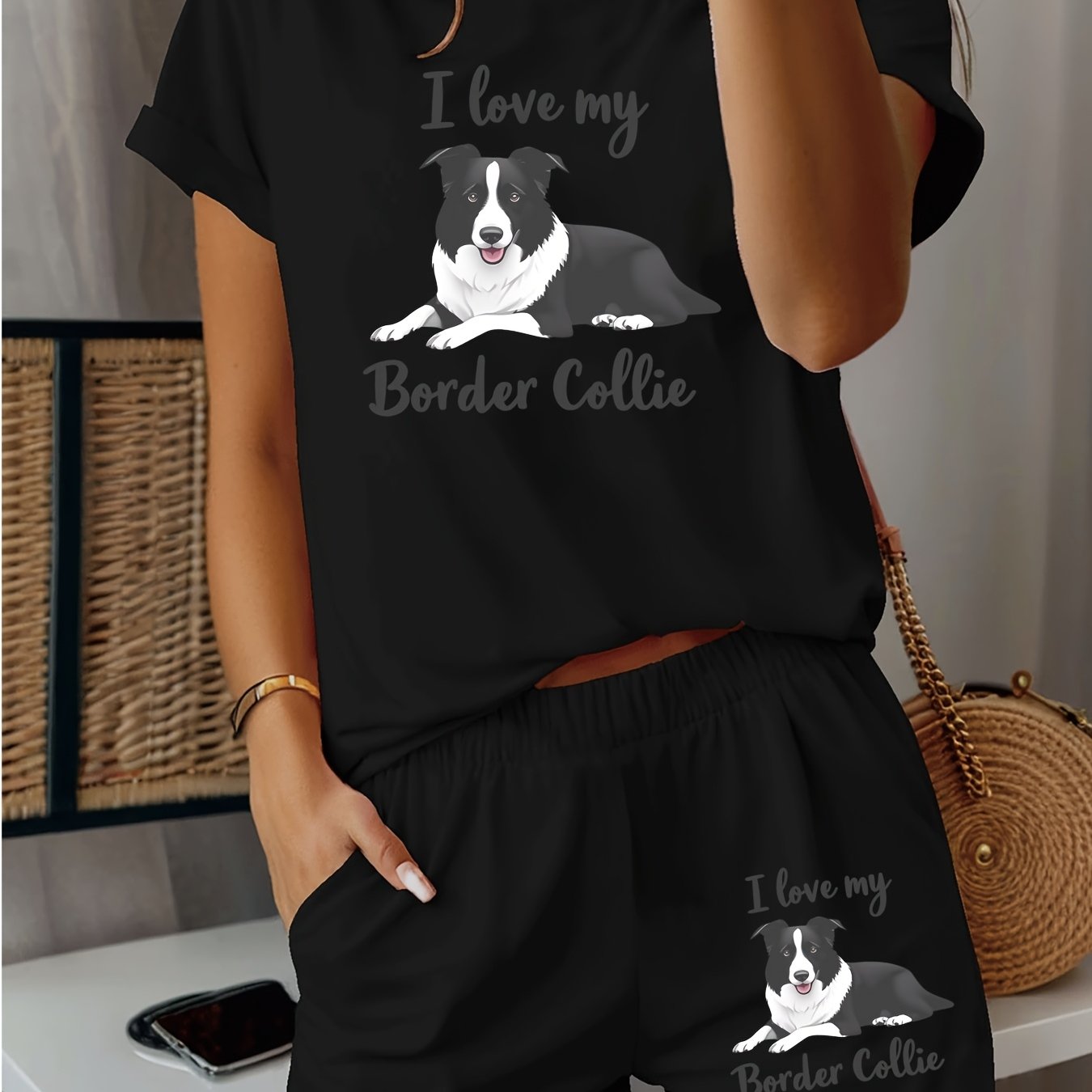 TEMU 2pcs Set: Fashionable And Comfortable Women's Home Outfit Featuring A "i Love Border Collies" Print On Neck Short Sleeve T-shirt And Pocket