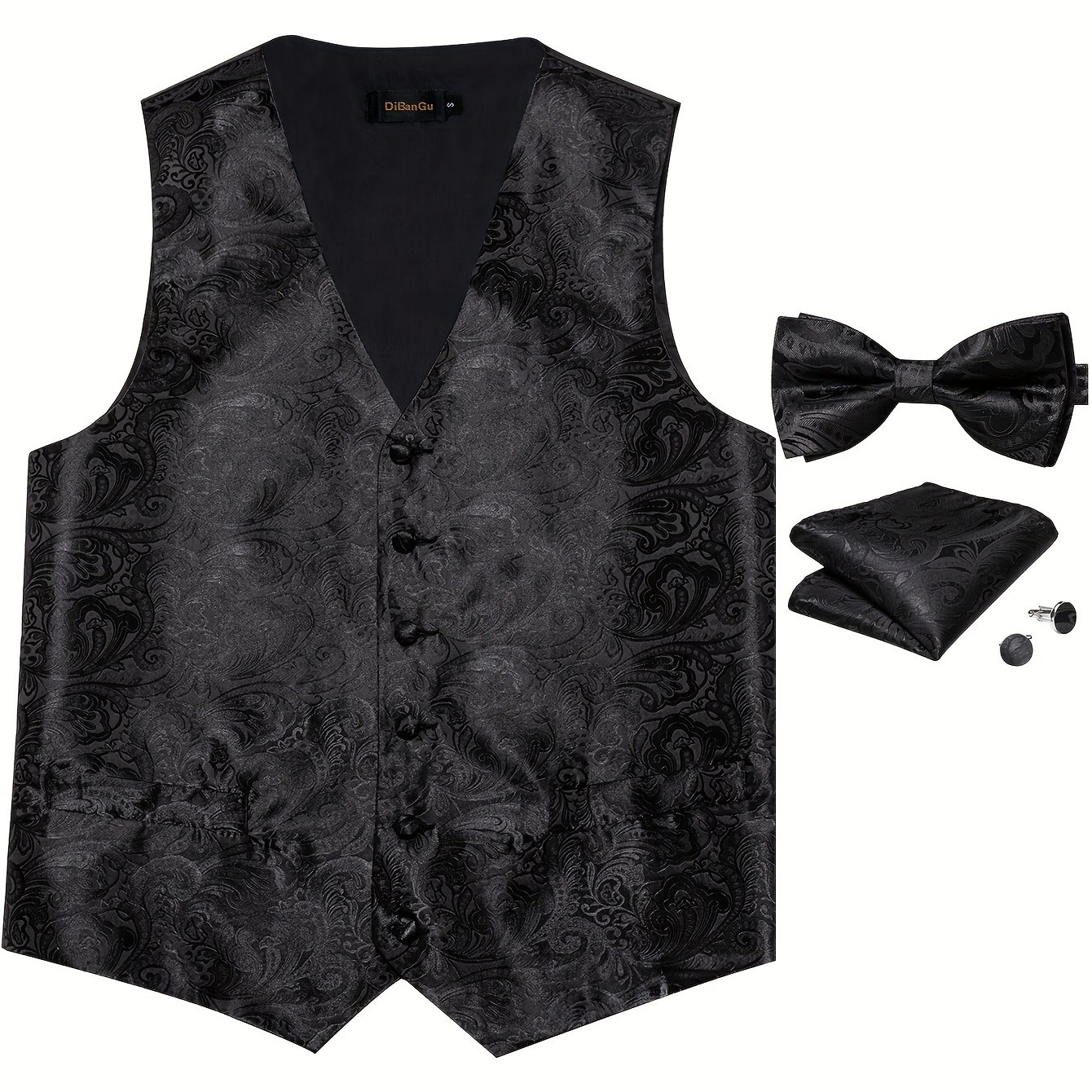 Men's Formal Vest Set In Solid Black Paisley Design, Featuring A V-neck, Bow Tie, Handkerchief, And Cufflinks, Ideal For