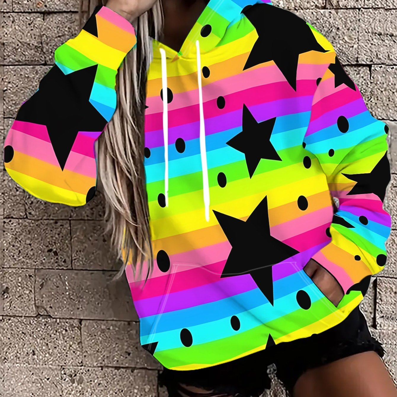 TEMU A Women's Casual Hoodie Featuring A Colorful Striped Background With A Scattered Pattern Of Black Stars And Dots. This Vibrant Printed