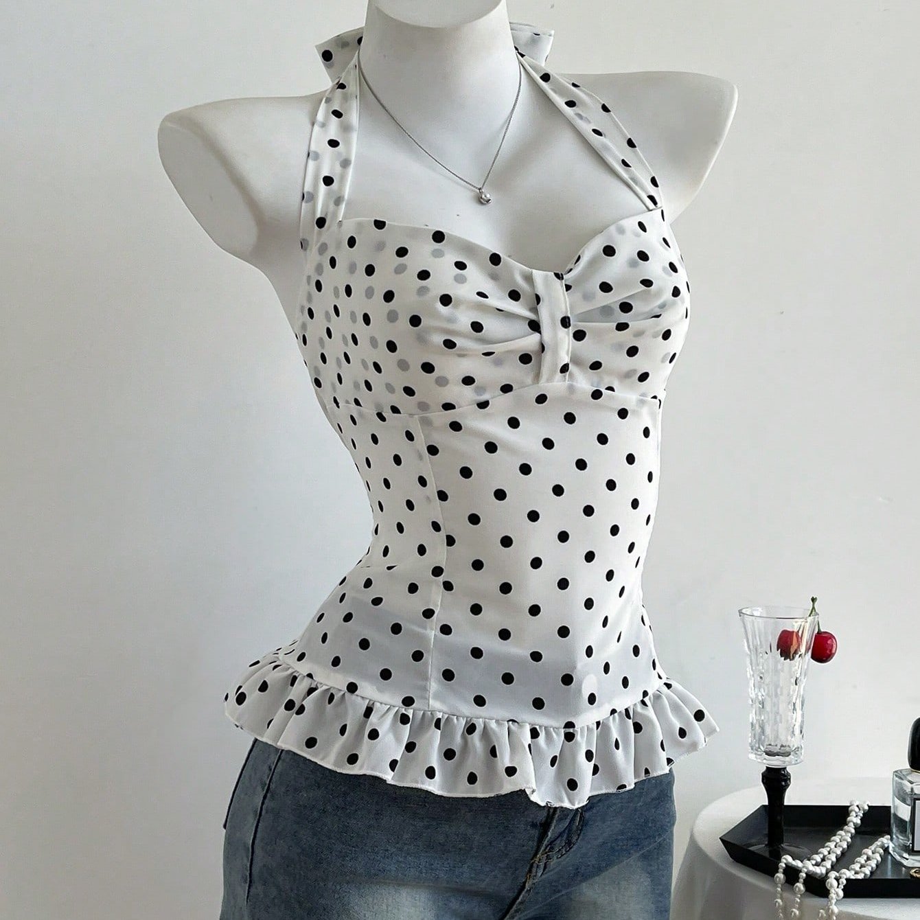 E-shop 95010-Bp# Sommer Neues Elegantes Damen Polka Dot Schleife Brust Halter Rüschen Rücken Cami Top