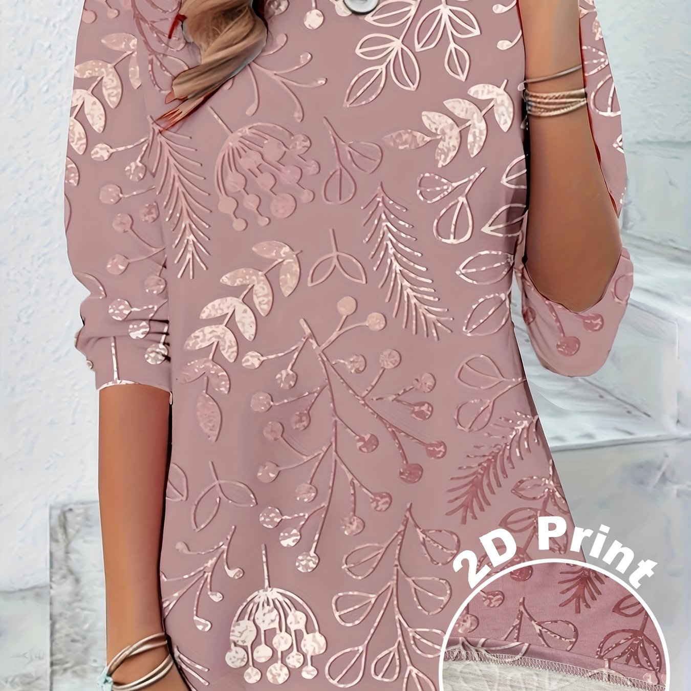 Image of 2d Flat Print Spring/summer New Arrival Round Neck Casual And Elegant Women's Top T-shirt Base Layer Printed Long Sleeve T-shirt Casual Round Neck Top