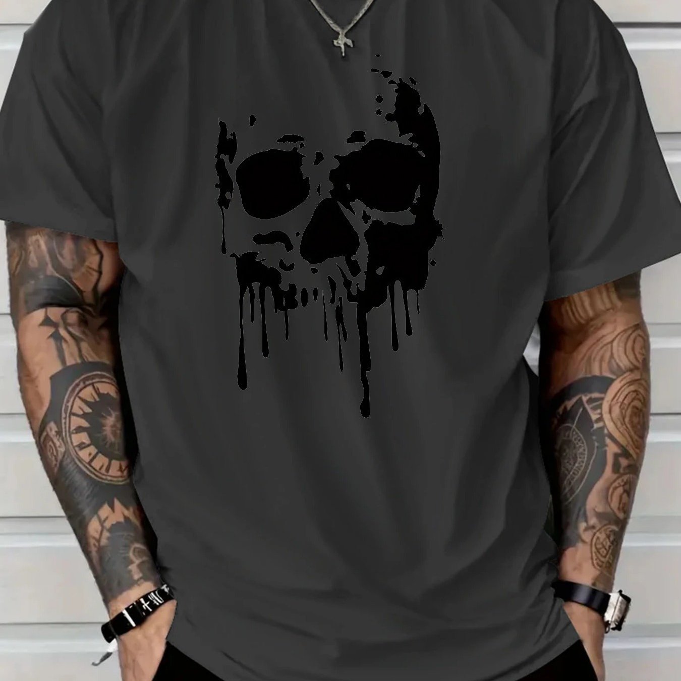 TEMU Plus Size Men's Casual T-shirt With Black Skull Print â Light Gray Regular Fit Short Sleeve Crew Neck Tee, Suitable For Daily Wear & Outdoor