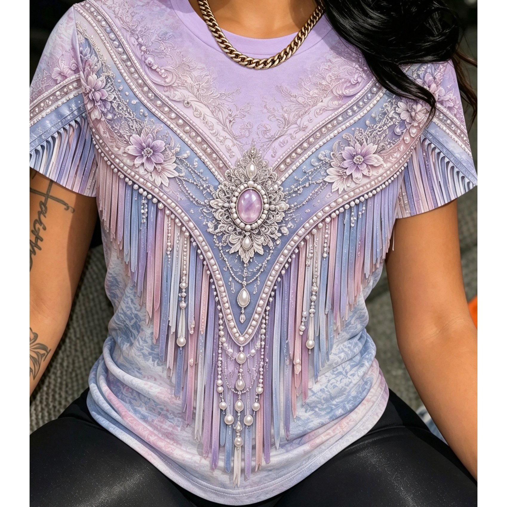TEMU Women's T-shirt, Light Purple Base, Vintage Floral Pearl Gemstone Faux Tassel Print, Romantic Western Bohemian Style, -friendly Breathable Tee,