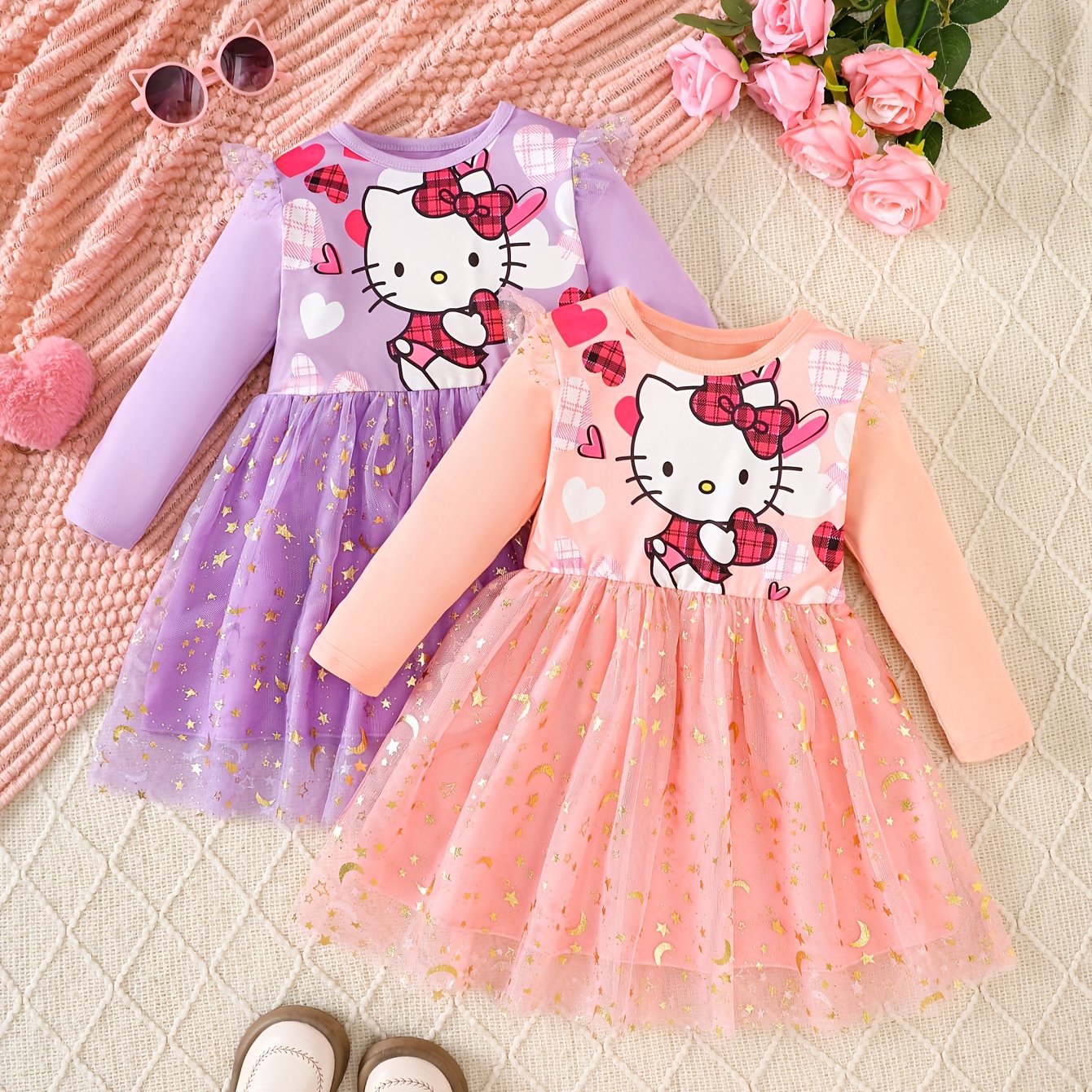 Image of Girl Dress 2pcs Set Round Neck Long Sleeve With Mesh Flutter Sleeves Print Top With Starry Skirt Spring Autumn Dress Cute Casual Birthday Party Wedding Tulle Dress Gift Back To Back