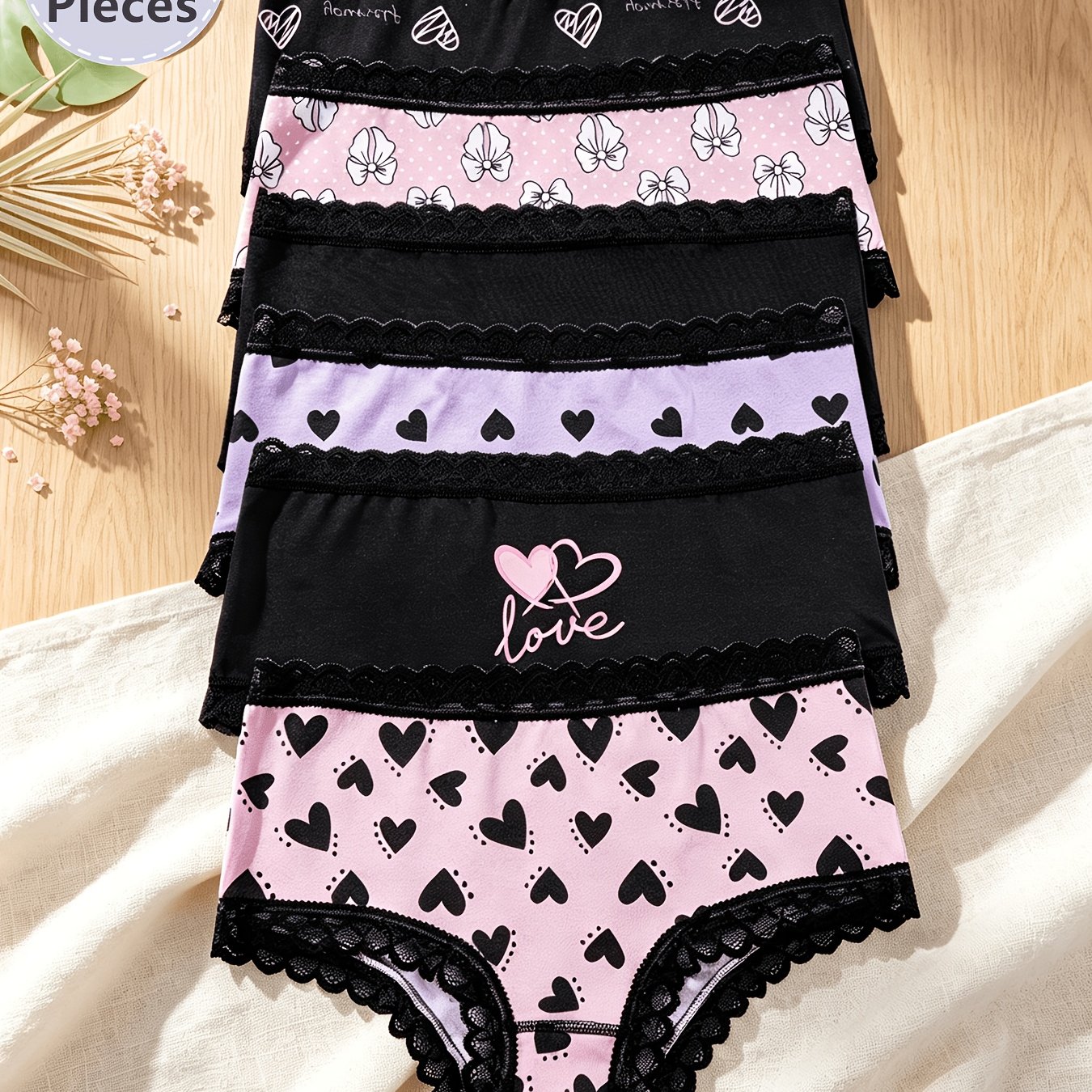 TEMU 6pcs 6pcs Pack Black Lace Trim Panties & Women - High-waist Briefs With Heart Print, Seamless Non-sheer Underwear, Comfortable Casual Attire
