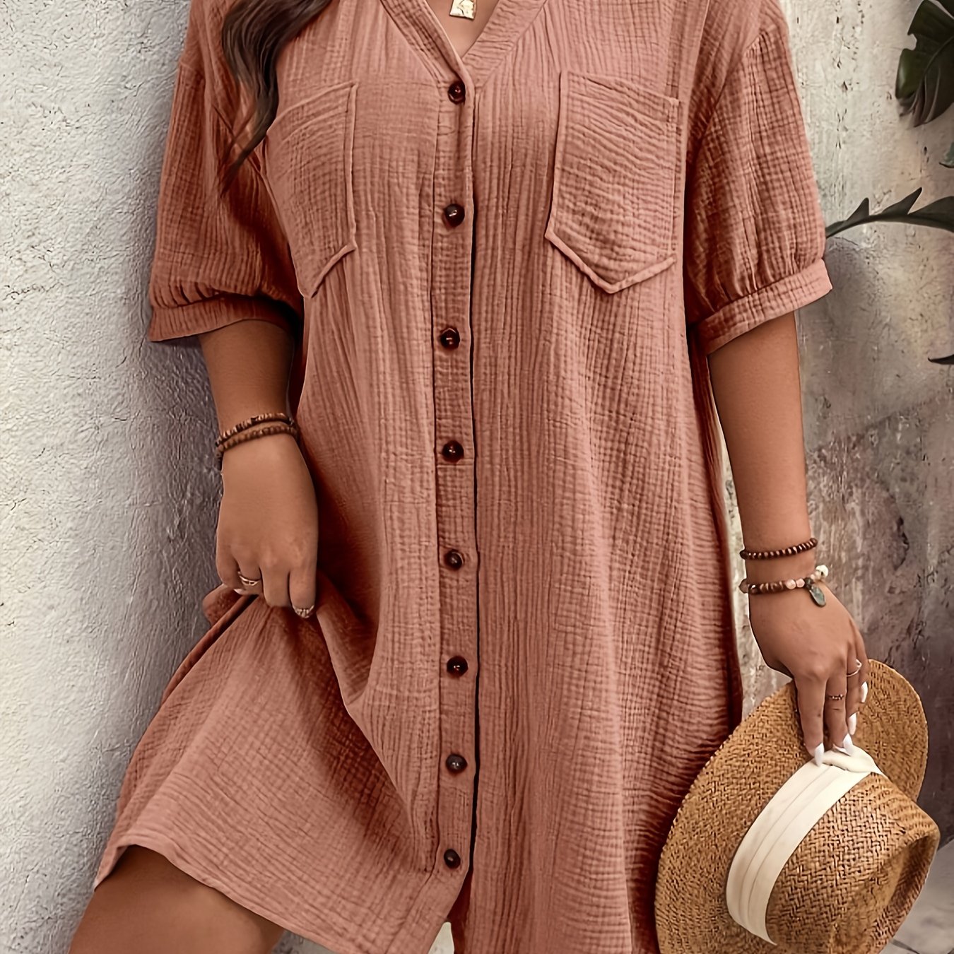 Image of Plus Size - Plus Size - Plus Size Women's Fashionable Retro Solid Color Short Sleeve Pocket Shirt Dress