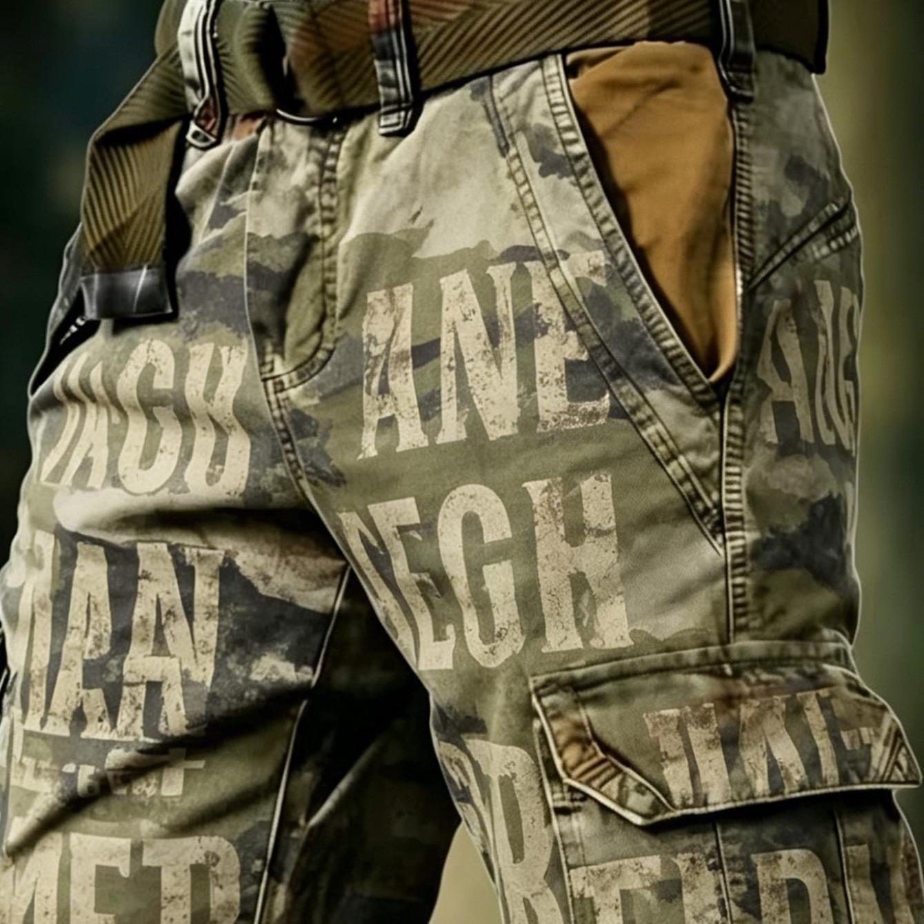 Image of New Arrival Men's Camo Cargo Shorts With Vintage Letter Print No Belt Included For Casual Streetwear Summer, Plus Size