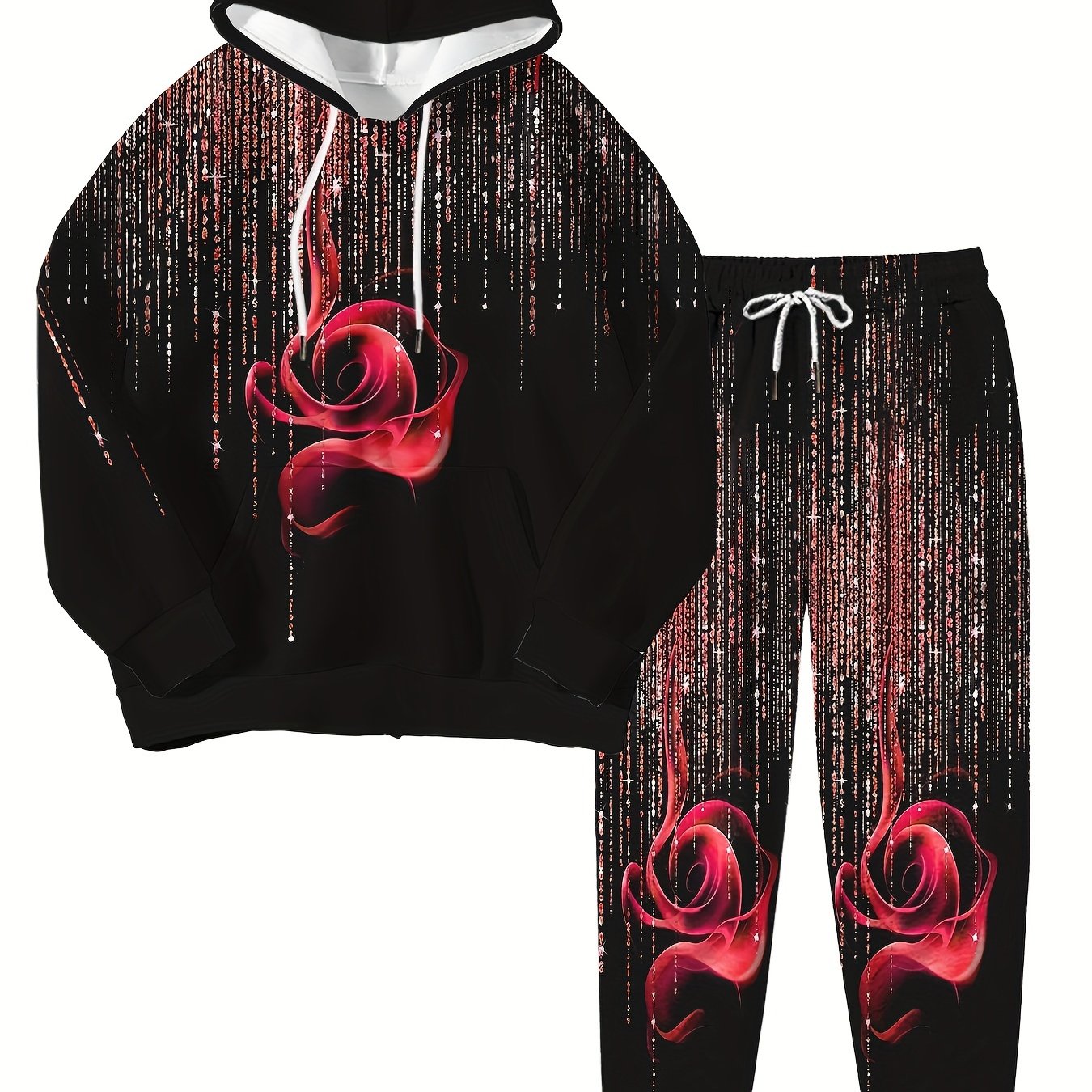 TEMU Plus Size, Plus Size Women's 2pcs Gothic Suit, Vibrant Rose , Soft Drawstring Hoodie, And Drawstring Pocket Jogging 2pcs Set, Premium Terry