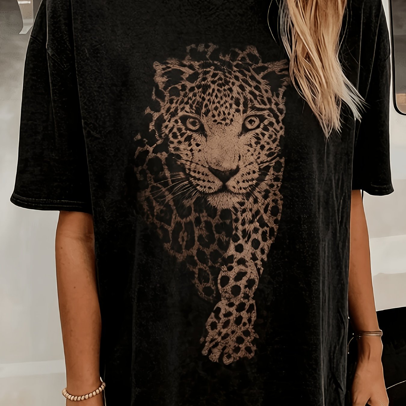 TEMU Vintage Washed Leopard Print Black Oversized Casual T-shirt