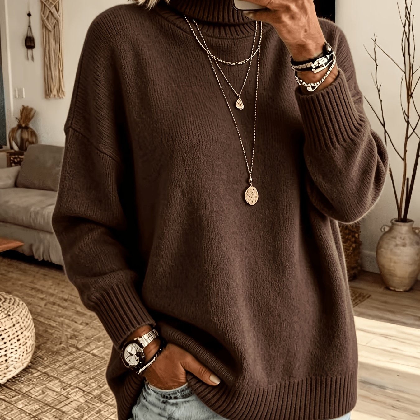 TEMU Plus Size, Plus Size Women's High Neck Sweater - Soft Stretchy Warm Pullover Sweater Suitable For Fall/winter, Solid Layer -compatible For Body