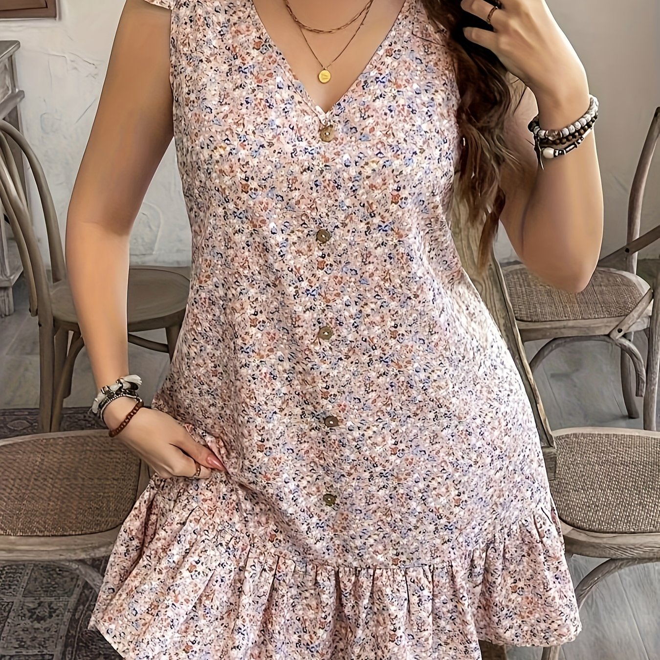 TEMU New Arrival Fashionable Casual Elegant Holiday Gathering Party Home Shopping Beach Seaside Full Floral Print V-neck Dress