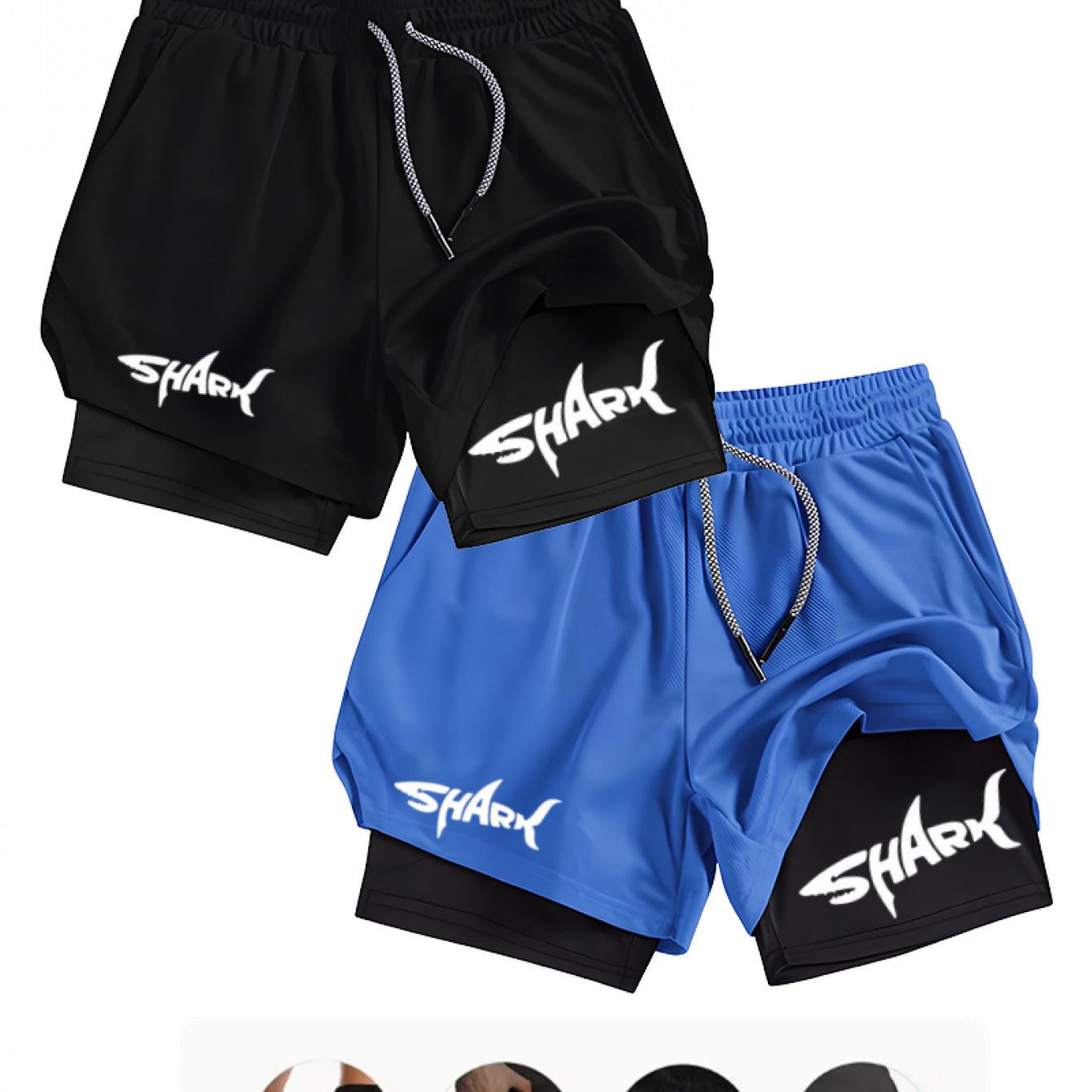 TEMU 2pcs Shark Print Men's Beach Shorts- Red, Green, Black With Drawstring Waist, Casual Summer Swim Trunks, Stretchy Breathable Shorts Pockets,
