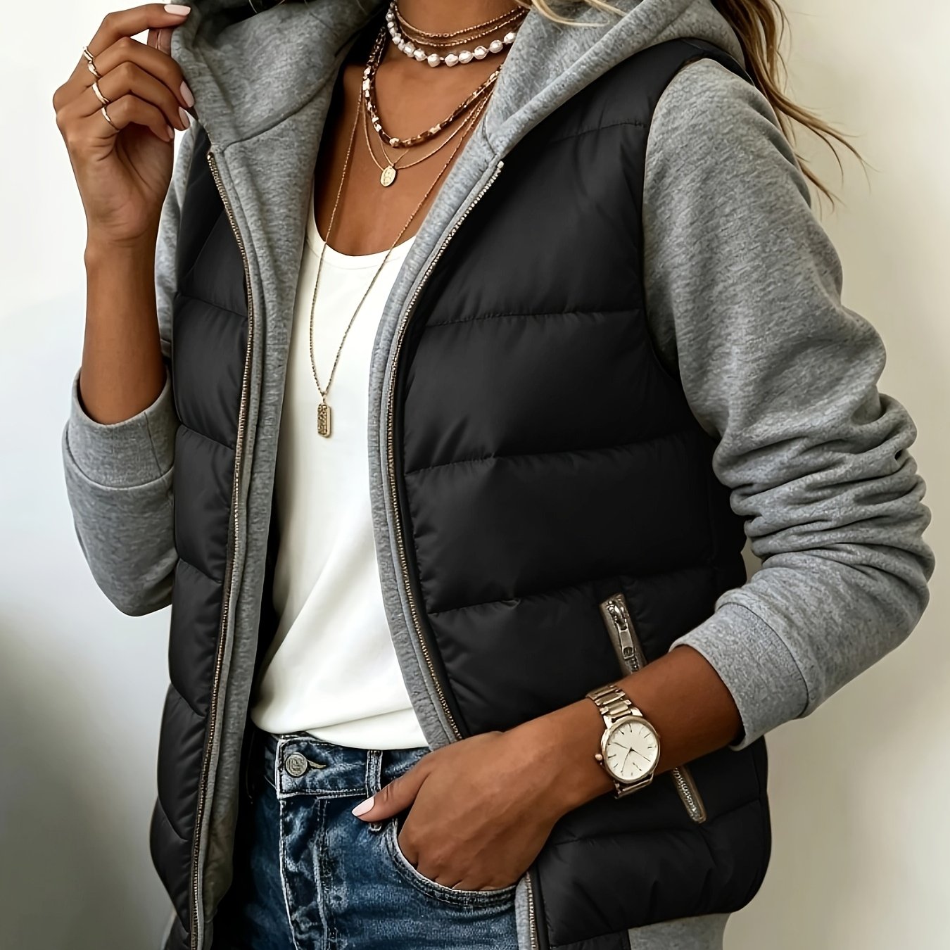 TEMU Damen Patchwork Kapuzen-Wattjacke – Neue Herbst/Winter Color-Block Langarm-Reißverschluss-Cardigan, lockeres Freizeit-Top