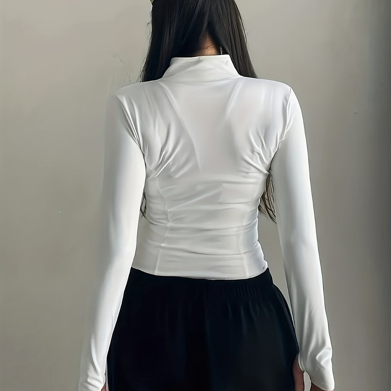 TEMU Women's -up Jacket, Fashionable Slim-fit Versatile Long-sleeve Stand-collar Top, Polyester Solid Color Apparel