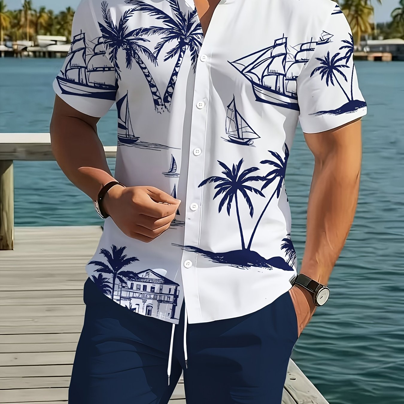 TEMU 2pcs Summer Casual Daily Men's Shirt And Shorts Set, Hawaiian Print Pattern, Suitable For Outdoor Sports, Men's Beach Shorts Casual Crew Neck