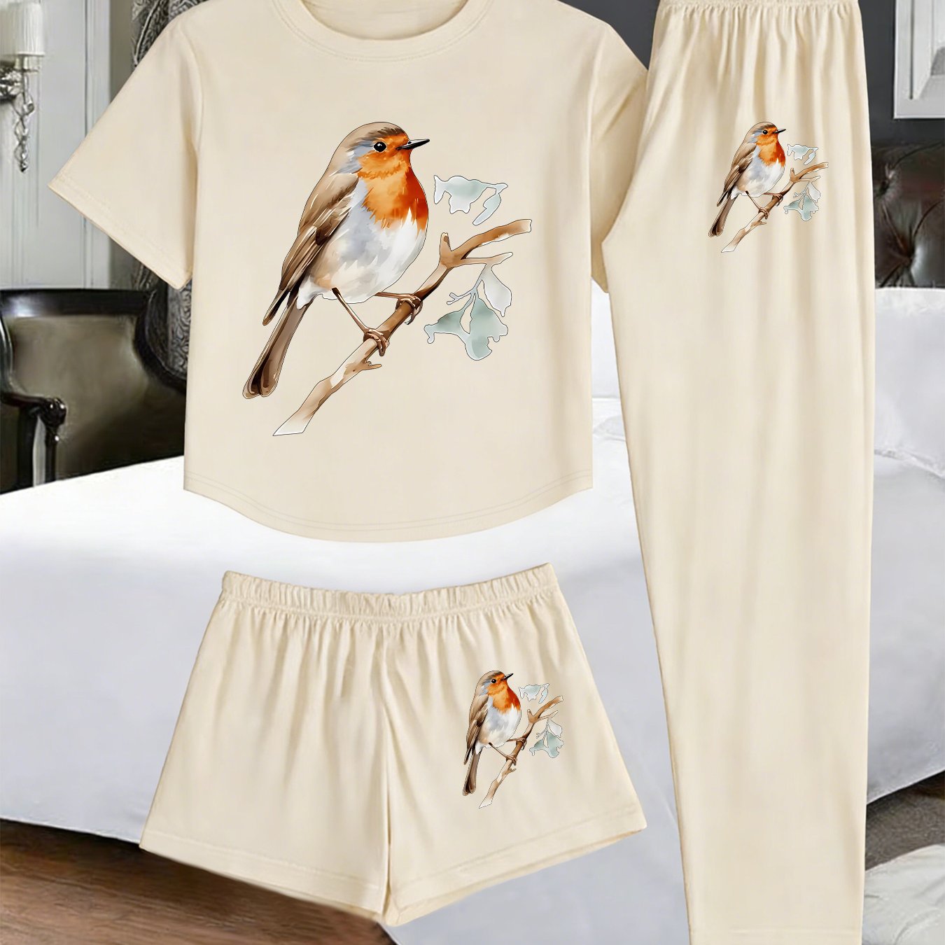 TEMU (1002# 3pcs Set) Women's 3pcs Set With Cute Print, Comfortable And Breathable Short Sleeve Top, Long Pants, And Shorts Set