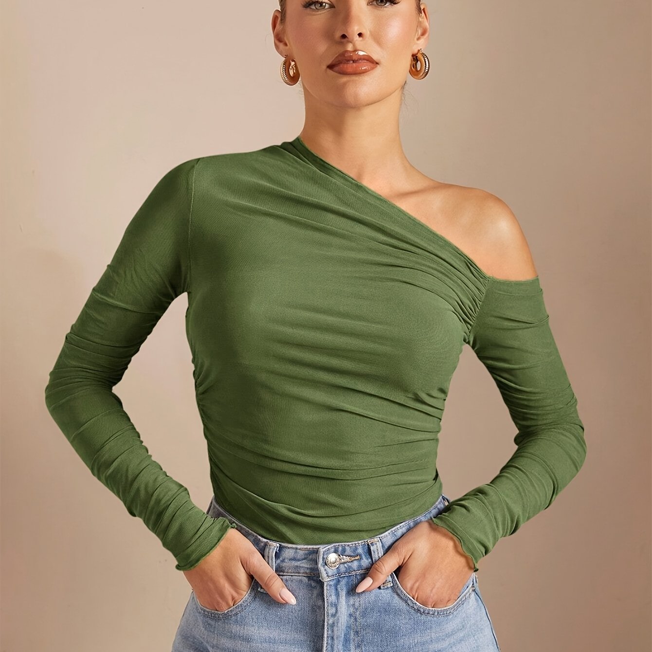 TEMU Off-the-shoulder Long Sleeve Solid Color Top, Designed For Daily Wear