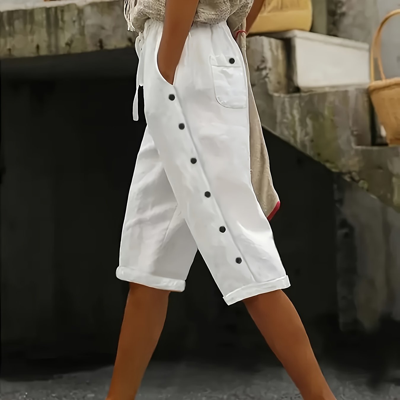 E-shop Plus Size - Plus Size - Damen Freizeit Hose mit Knopfleiste und - Gerades Bein, Unifarben, Elastischer Bund, Bequem für alle Jahreszeiten,