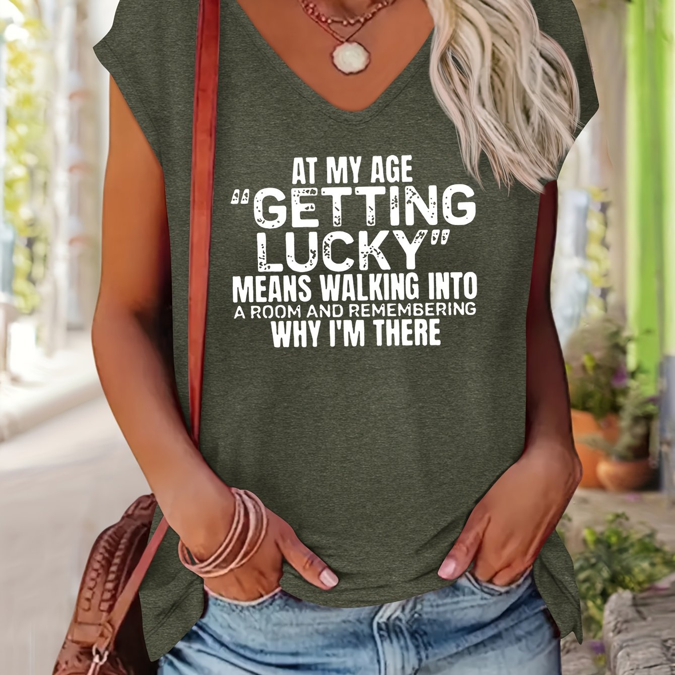 TEMU Women's Humorous Sarcastic "at My Age Getting Means Walking Into A Room & Why " Printed Rayon V-neck Short Sleeve T-shirt - , Machine Washable