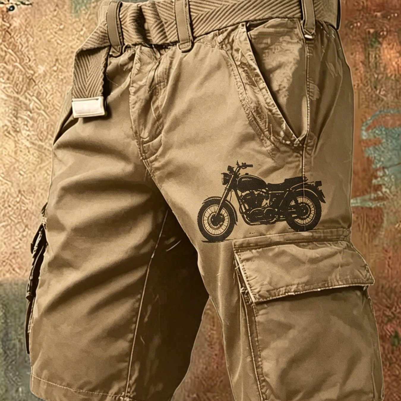 Khaki Men's Plus Size Cargo Shorts With Black Motorcycle Print, Fabric, , Shorts
