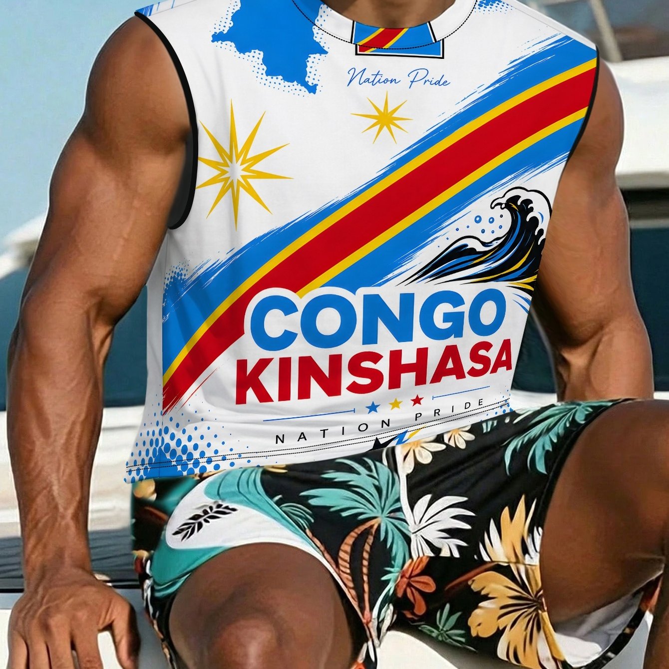 TEMU Congo Kinshasa Pride Graphic Men's Casual Graphic Print Sleeveless Short Tank Top, Suitable For Summer Beach, Boyfriend Gift, Vacation, Daily