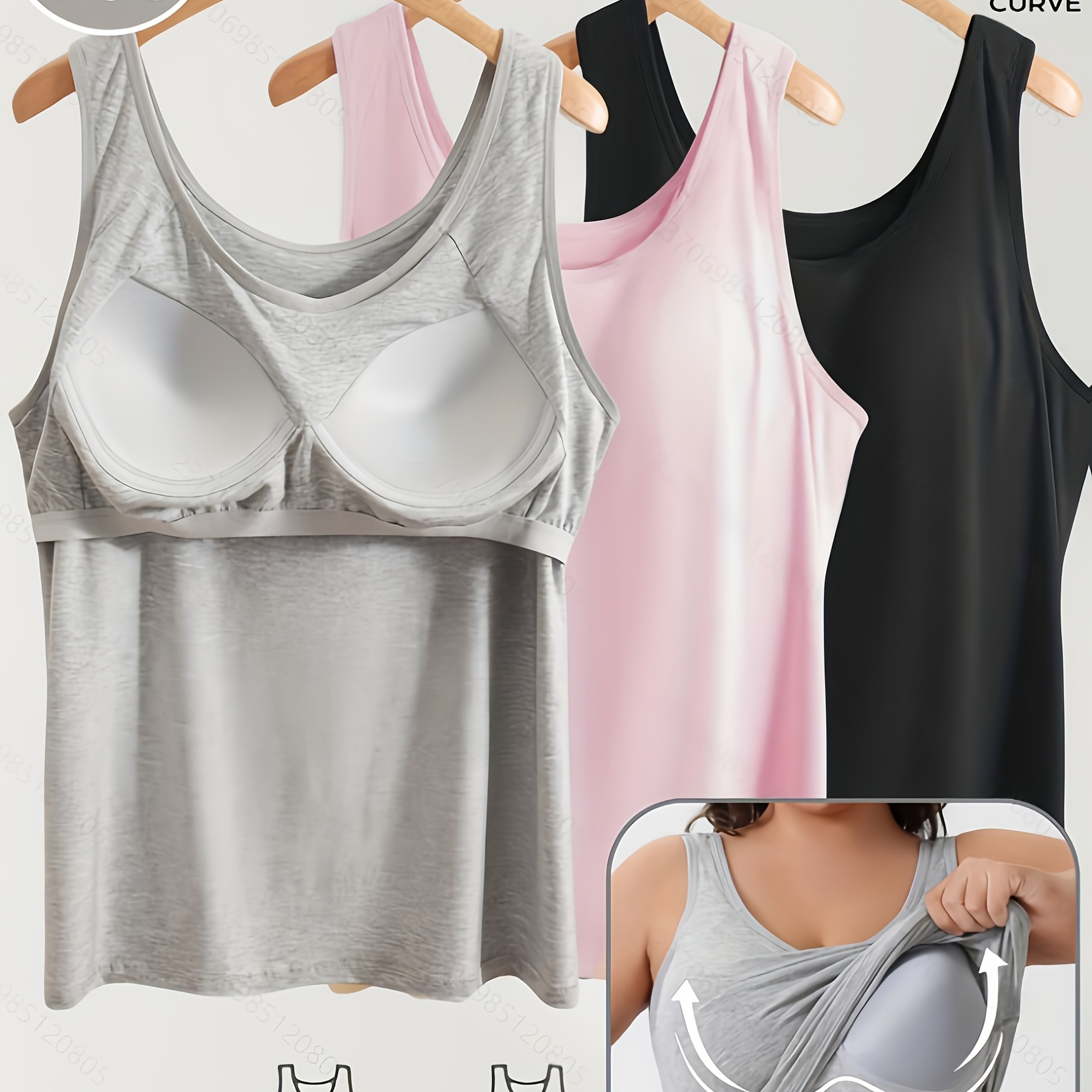 3pcs Set Plus Size Women's Comfortable Wide Shoulder Strap Casual Vest, 2-in-1 Built-in Chest Pad Required, Inner Wear And Outer Wear -one Cup Vest Versatile Home Top, 1xl-5xl