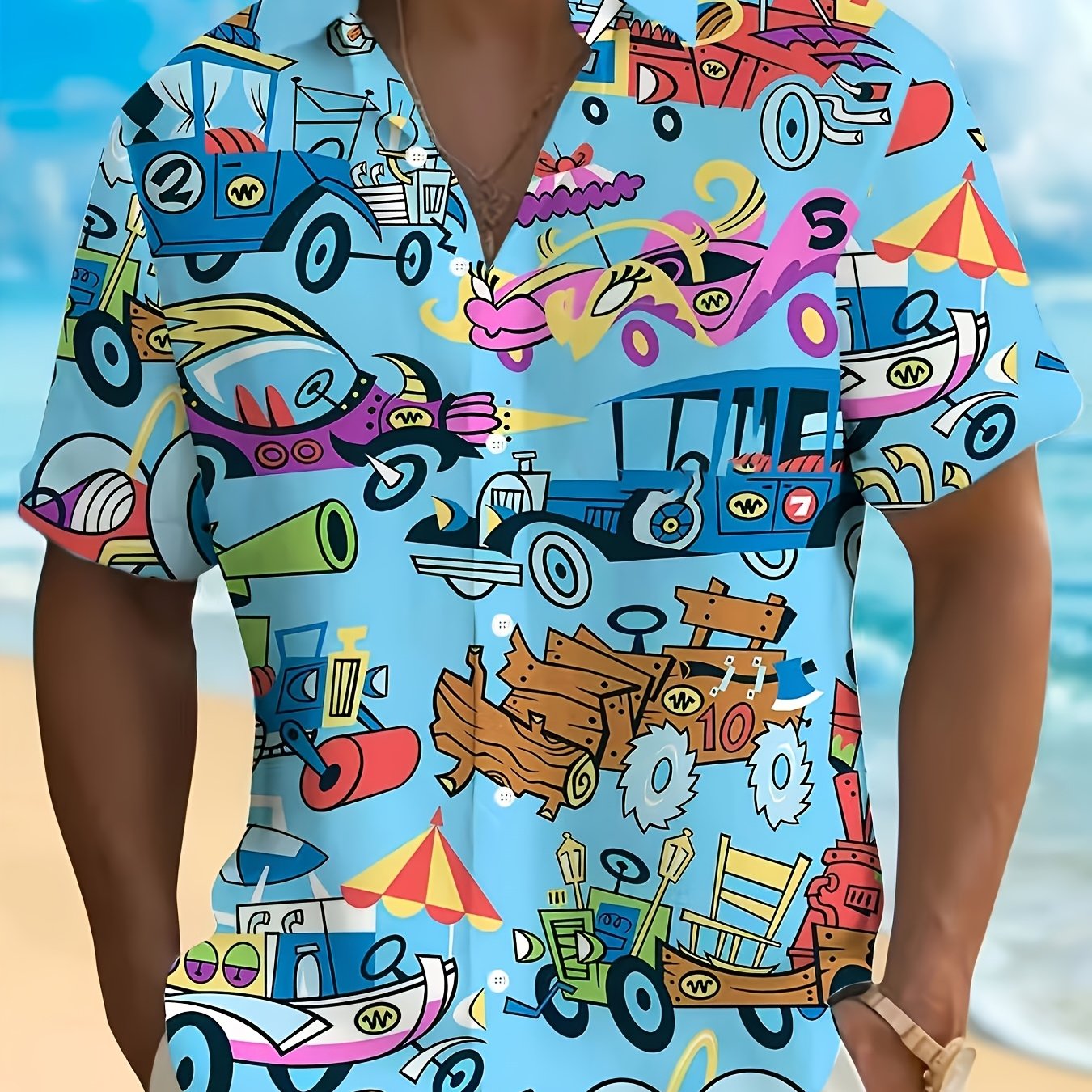 TEMU Nueva camisa hawaiana para hombre con estampado de dibujos animados y flores pequeñas, casual de manga corta estampado, para salidas de playa en