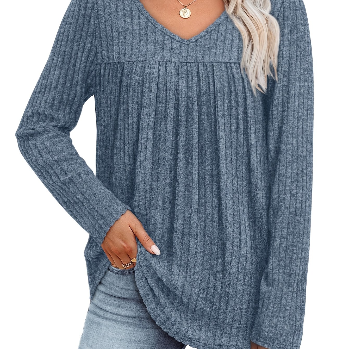 TEMU Women's Long Sleeve V-neck Lightweight Casual Front Pullover Top