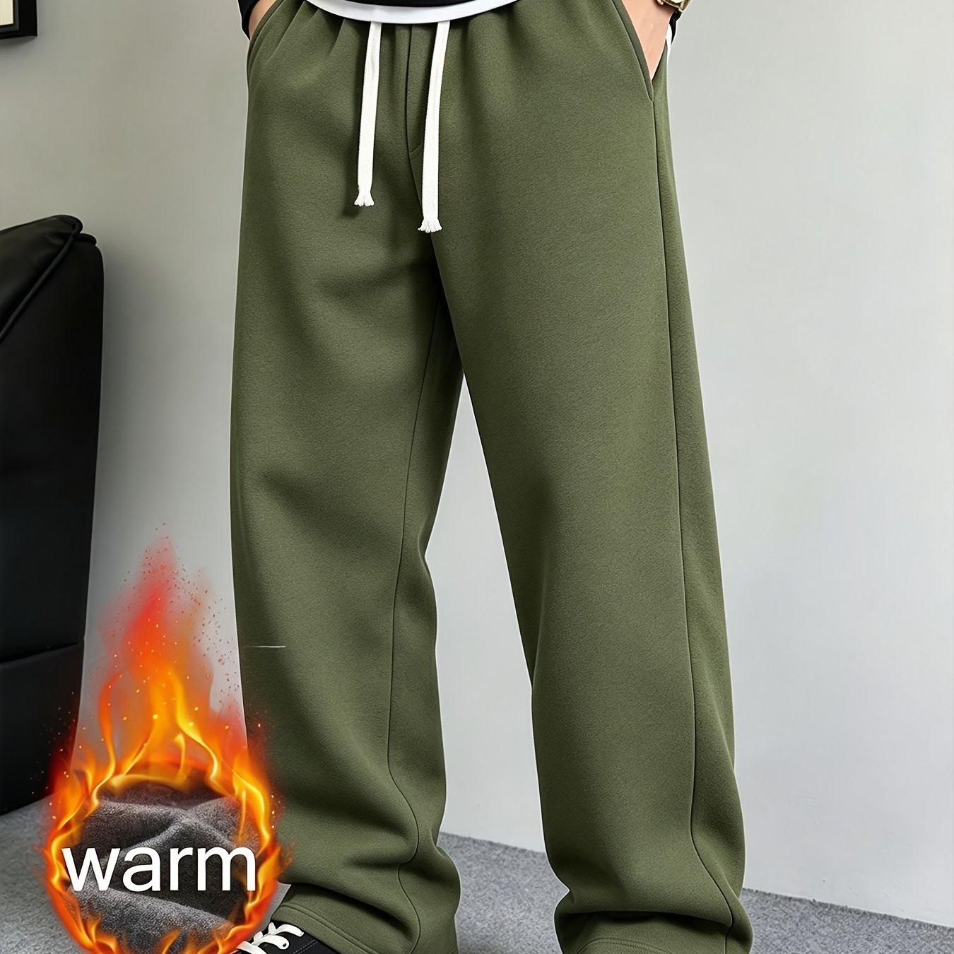 TEMU Men's Autumn Winter Plush Inner Drawstring Long Pants, Loose Straight Fit, Excellent Warmth, Drawstring Waist And Side Pockets, Ideal For Casual